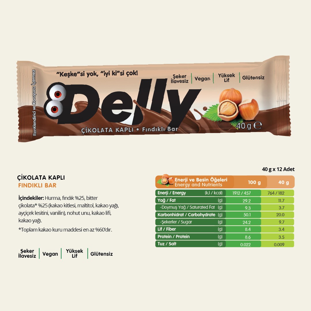 Delly Şekersiz Çikolata Kaplı Fındıklı Bar 40 gr