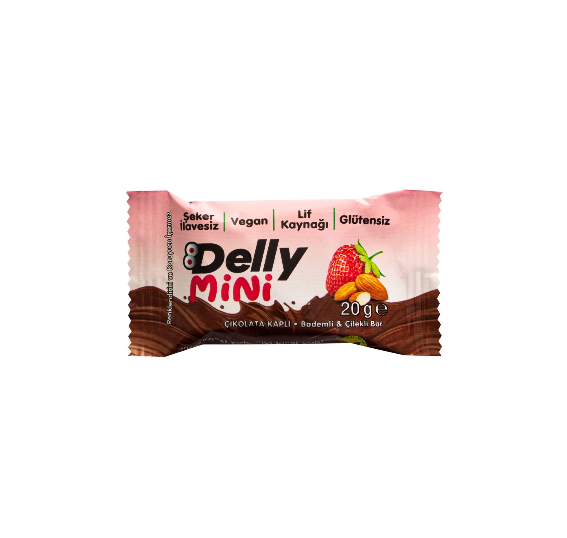 Delly Şekersiz Çikolata Kaplı Bademli Çilekli Bar 20 gr