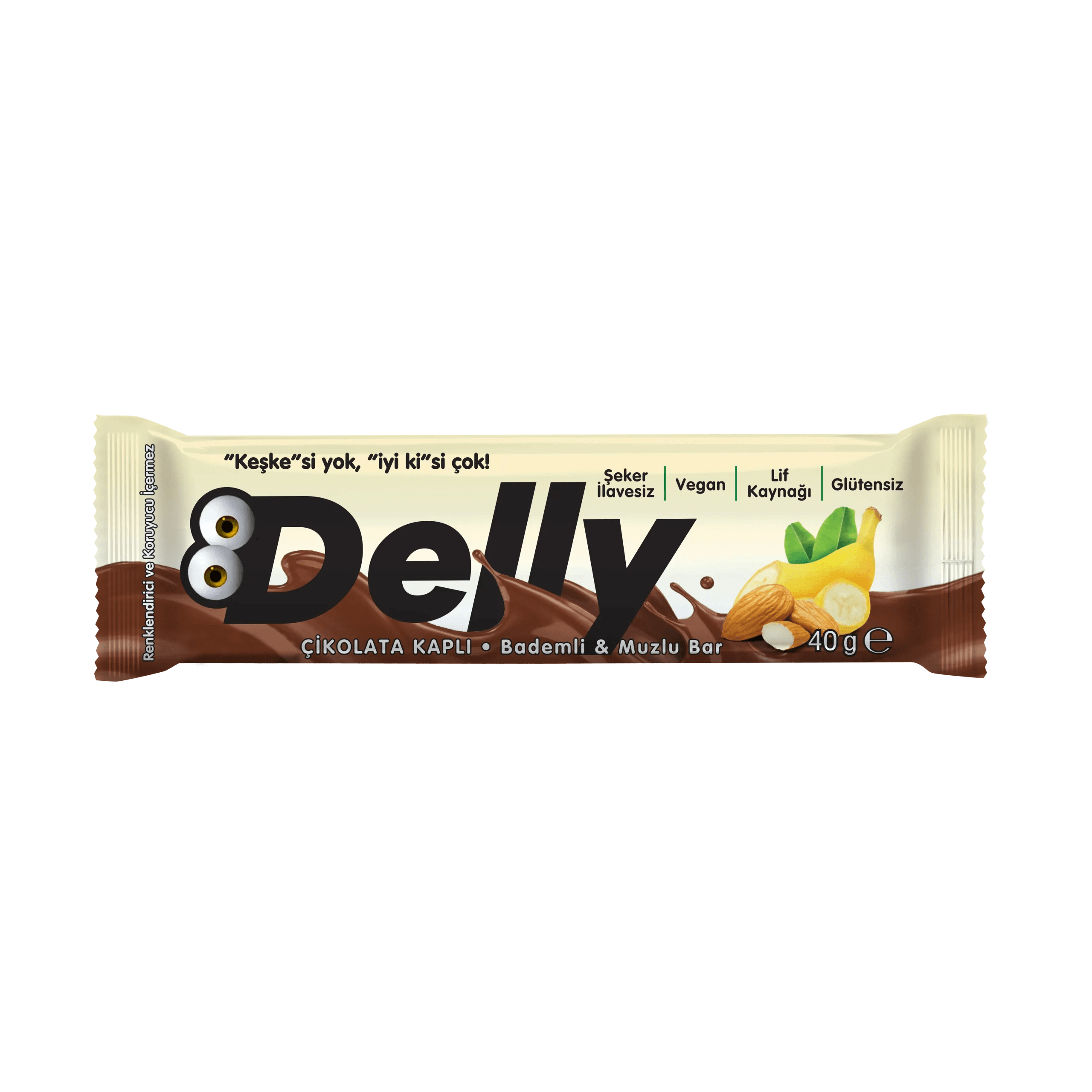 Delly Şekersiz Çikolata Kaplı Bademli Muzlu Bar 40 gr