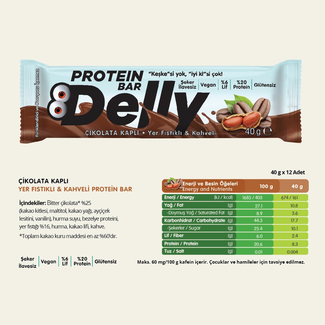 Delly Şekersiz Çikolata Kaplı Kahveli Proteinli Bar 40 gr