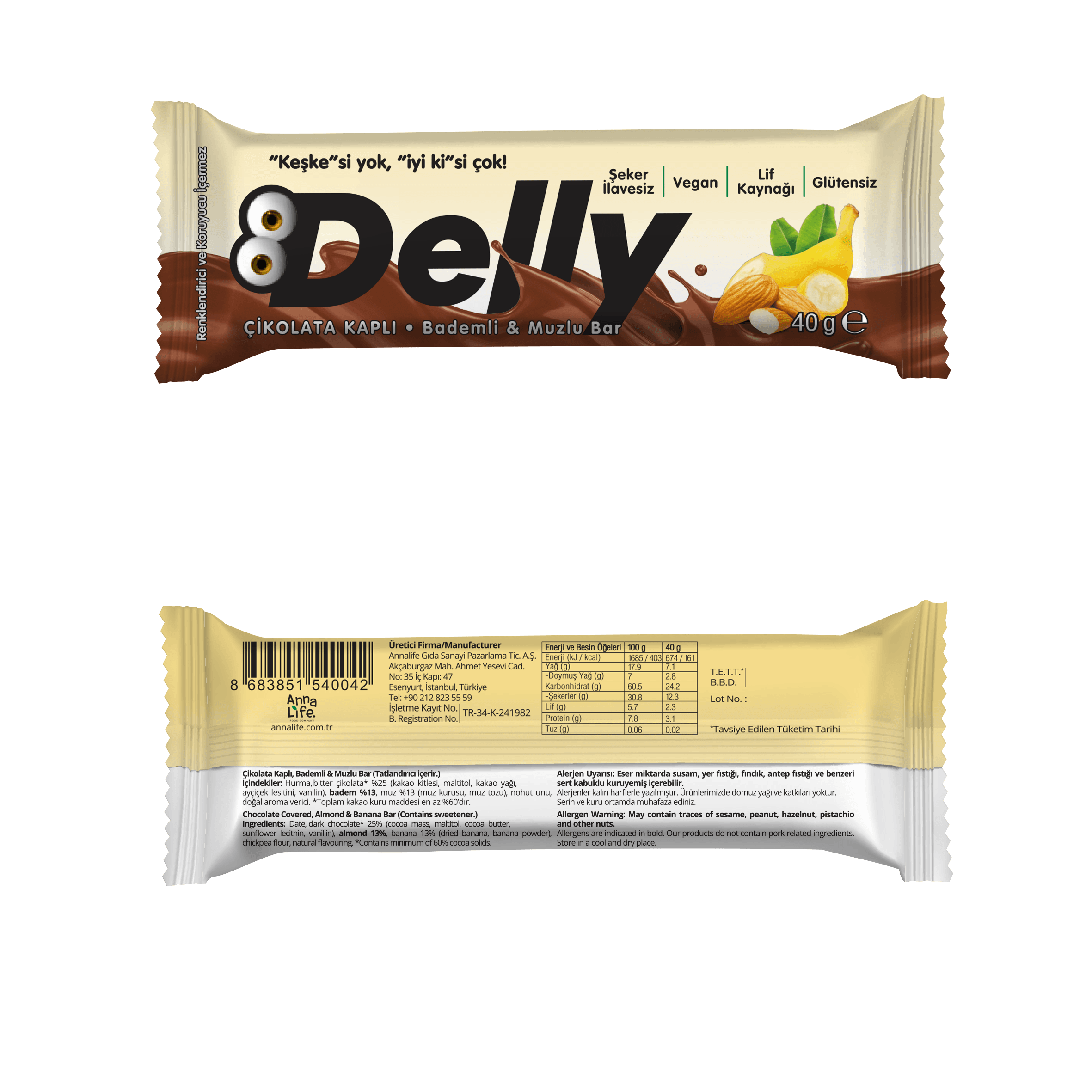 Delly Şekersiz Çikolata Kaplı Bademli Muzlu Bar 40 gr