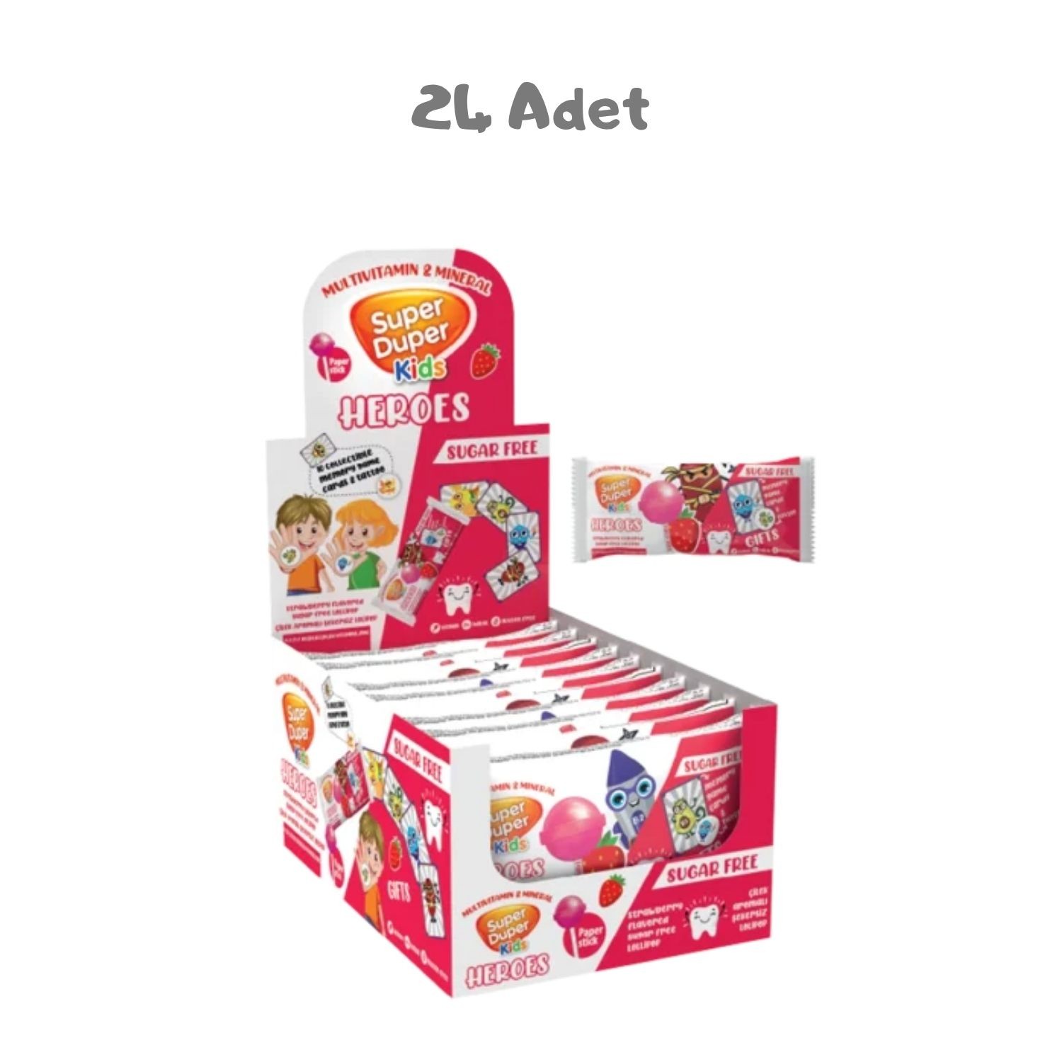 Super Duper Kids Zero Heroes Strawberry Lolipop 15g 24 Adet