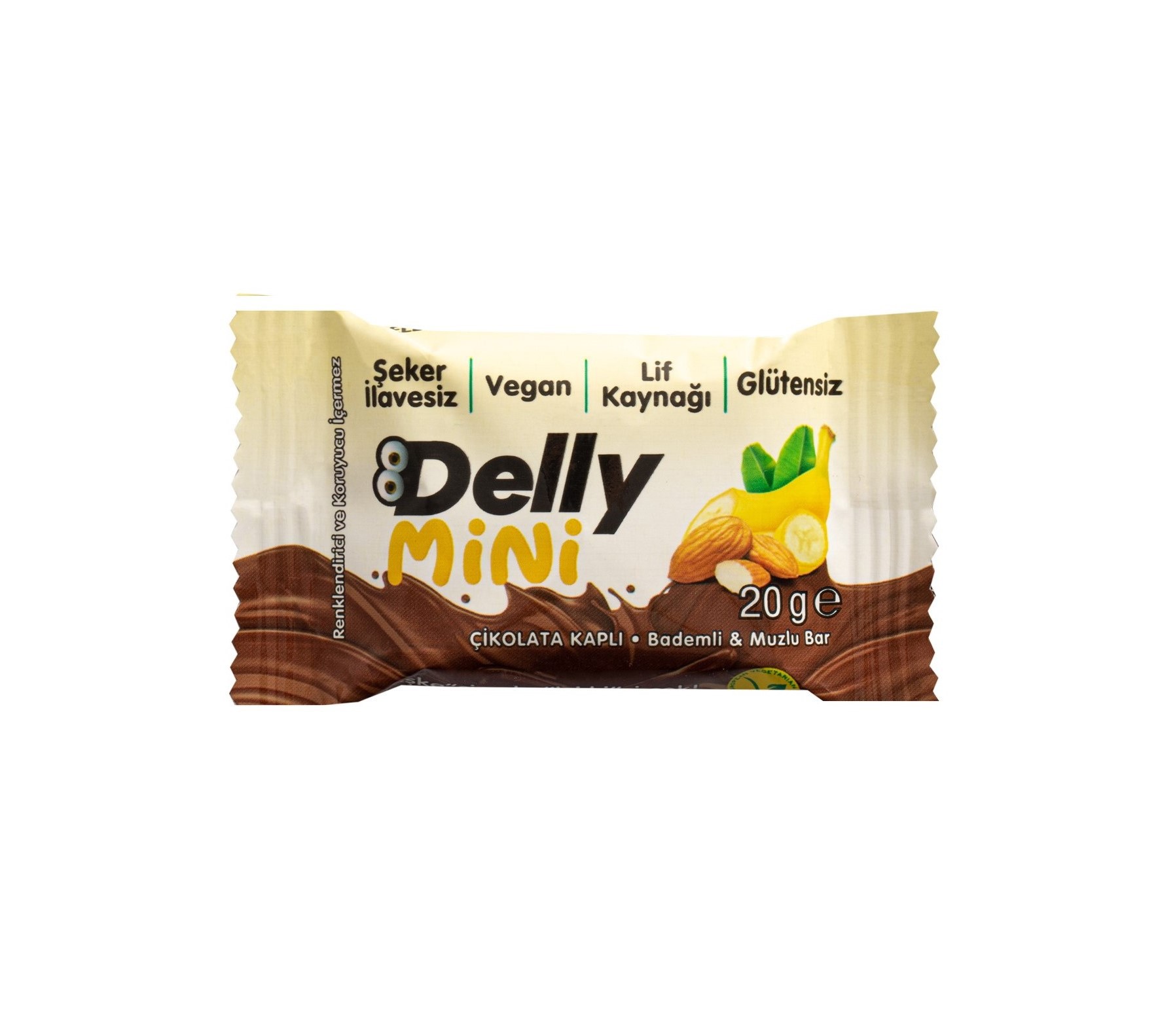 Delly Şekersiz Çikolata Kaplı Bademli Muzlu Bar 20 gr