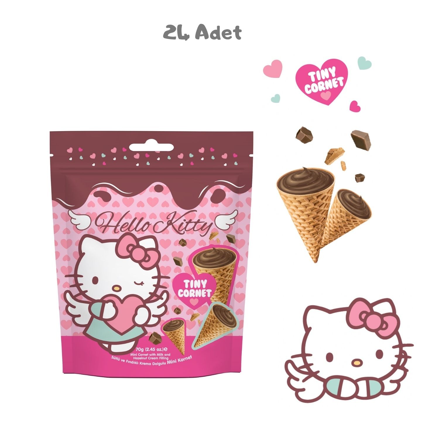Hello Kitty Tiny Sütlü Çikolata Dolgulu Mini Kornet (70 Gr.) 18 Adet