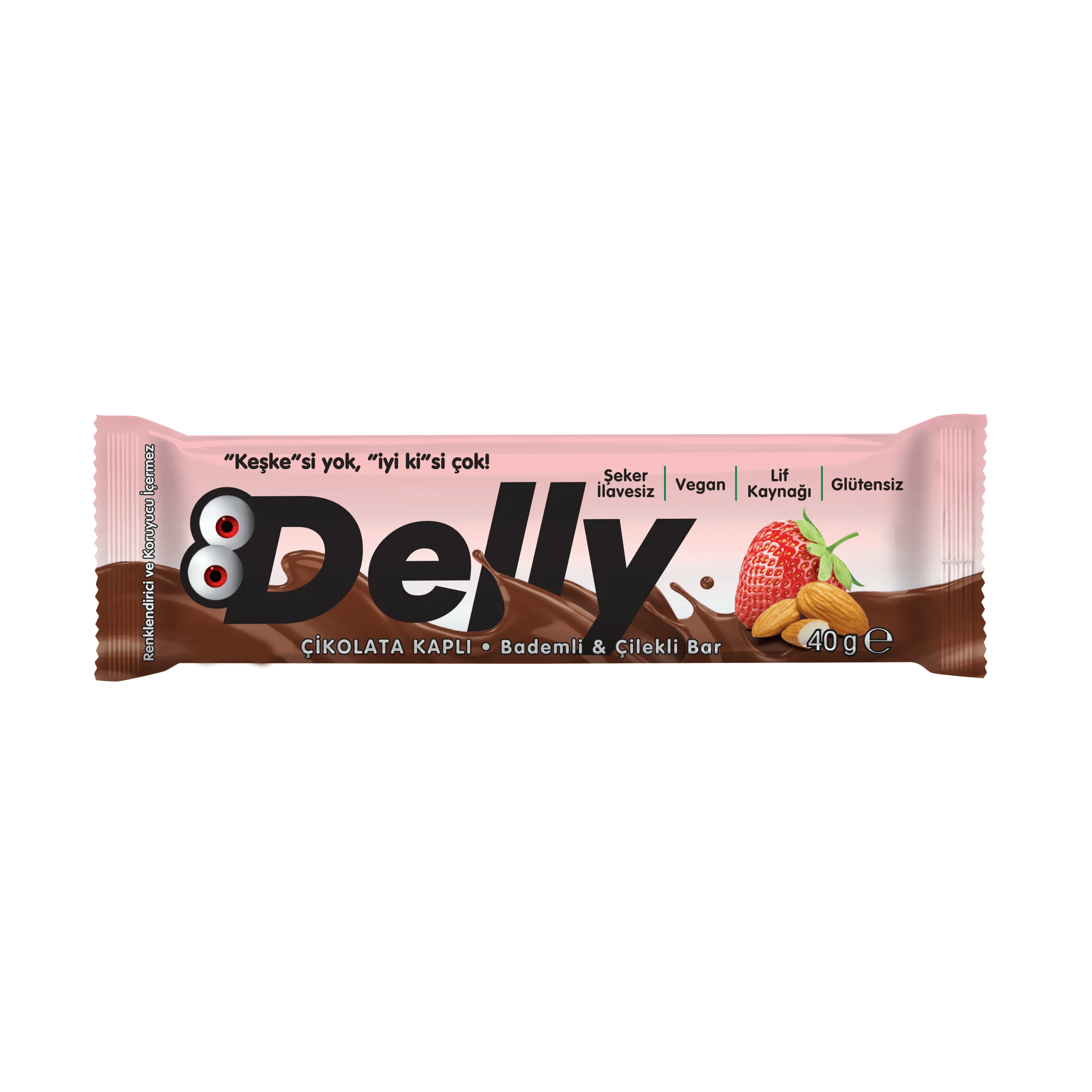 Delly Şekersiz Çikolata Kaplı Bademli Çilekli Bar 40 gr