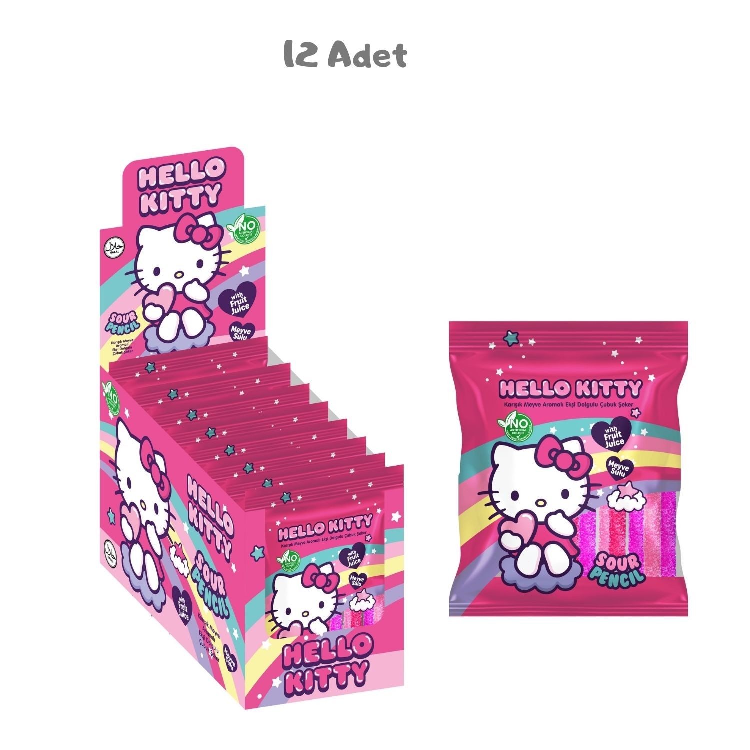 Hello Kitty Sour Pencil Karışık Meyve Ar.Ekşi Dolgulu Çubuk Şeker 80 Gr. - 12 Adet