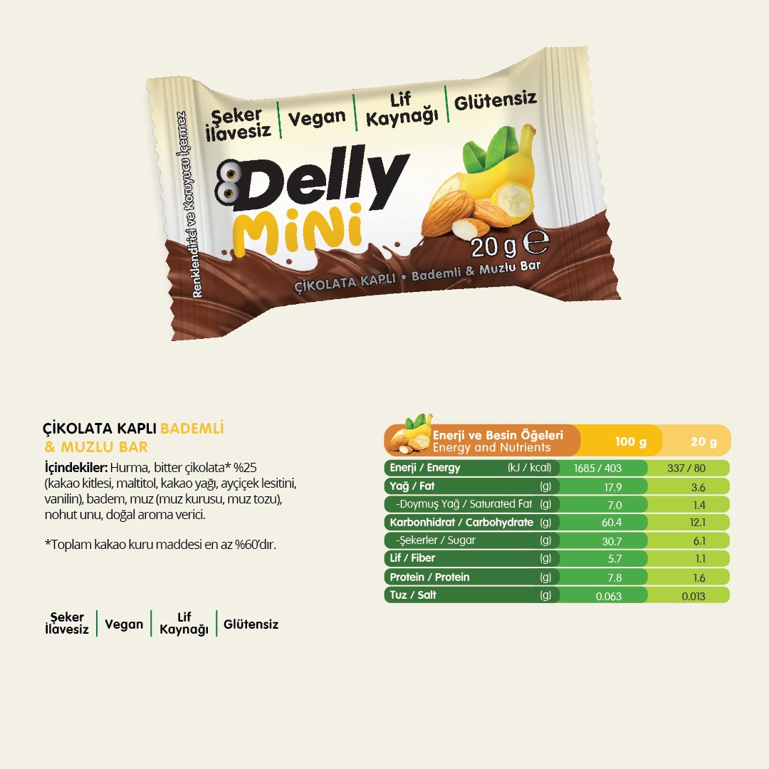 Delly Şekersiz Çikolata Kaplı Bademli Muzlu Bar 20 gr