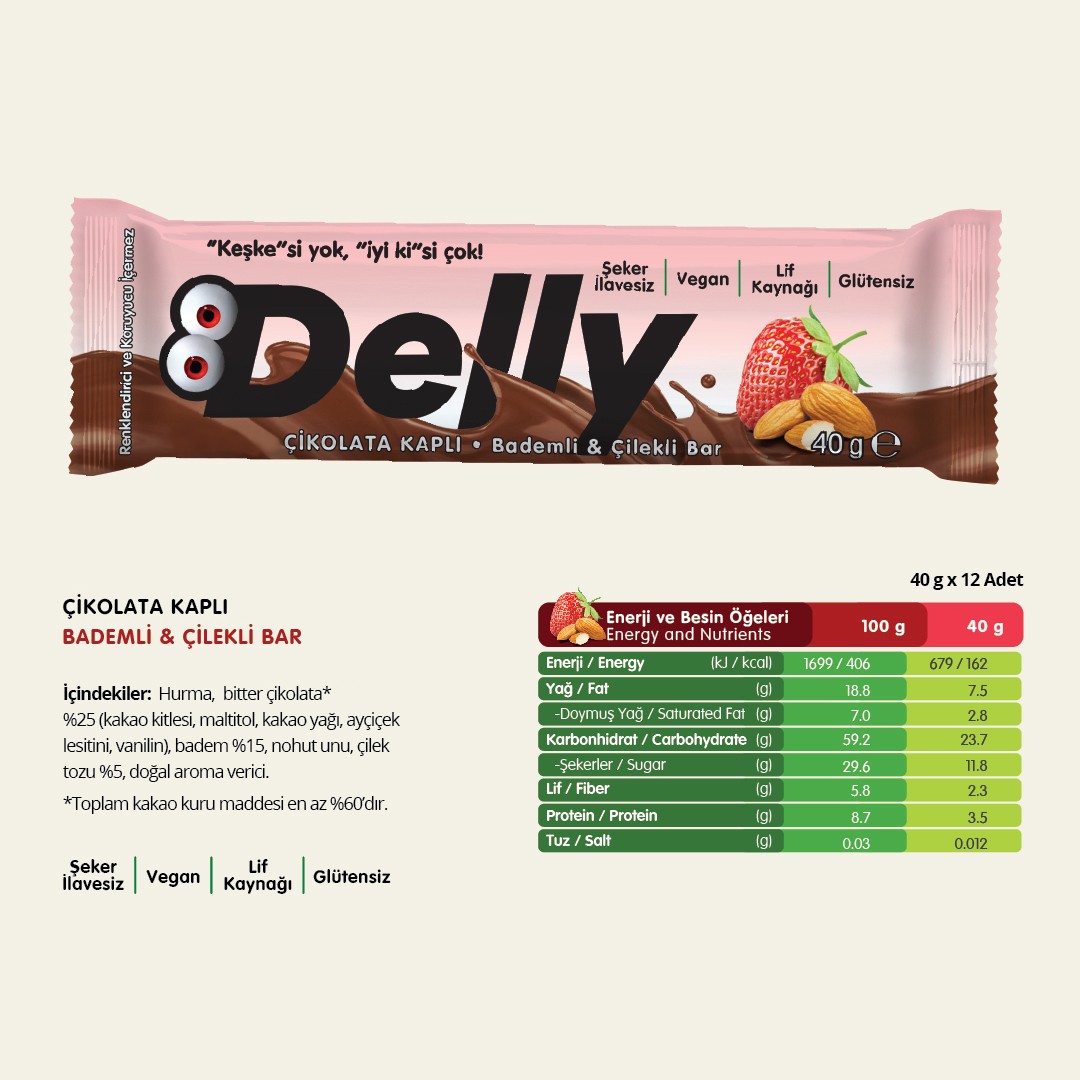 Delly Şekersiz Çikolata Kaplı Bademli Çilekli Bar 40 gr