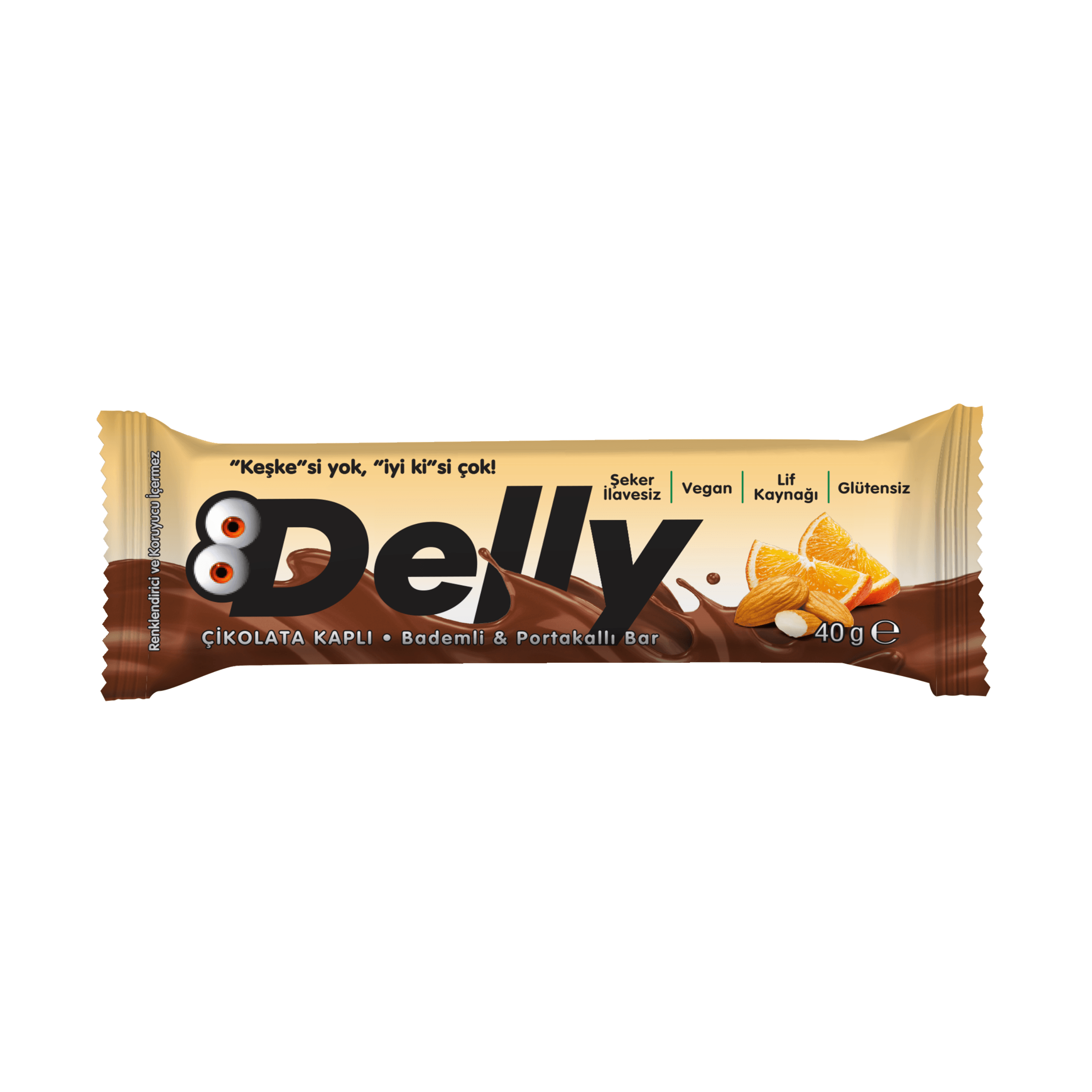 Delly Şekersiz Çikolata Kaplı Bademli Portakallı Bar 40 gr