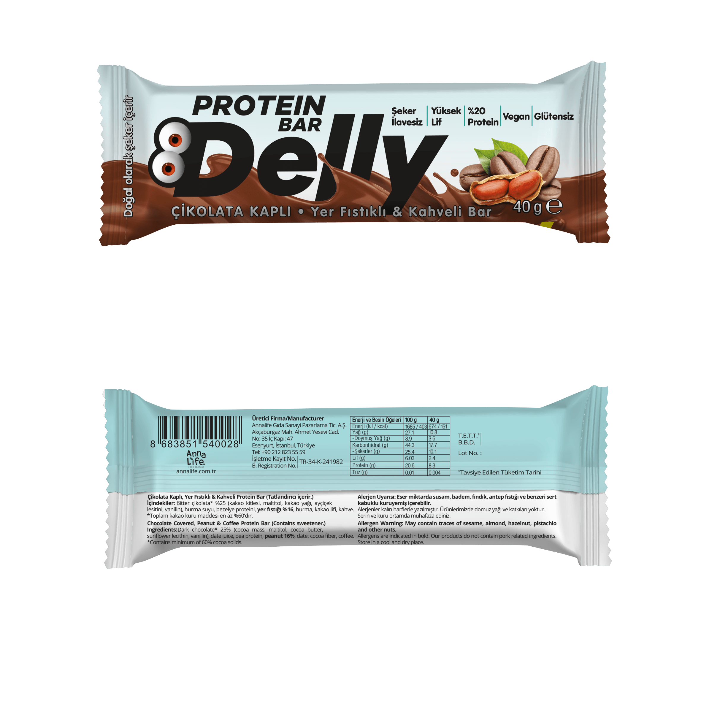 Delly Şekersiz Çikolata Kaplı Kahveli Proteinli Bar 40 gr