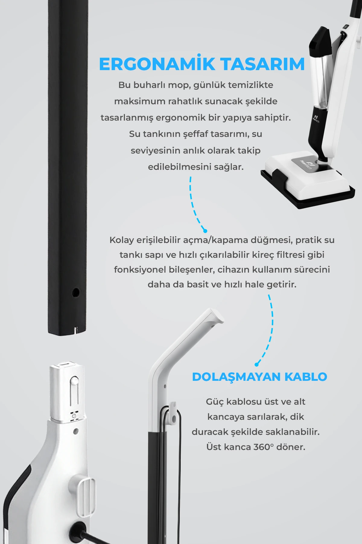 PiranTech CB702 Buharlı Mop | 1250W Güç | 180° Dönebilen Başlık | Halı ve Sert Zemin Temizleyici