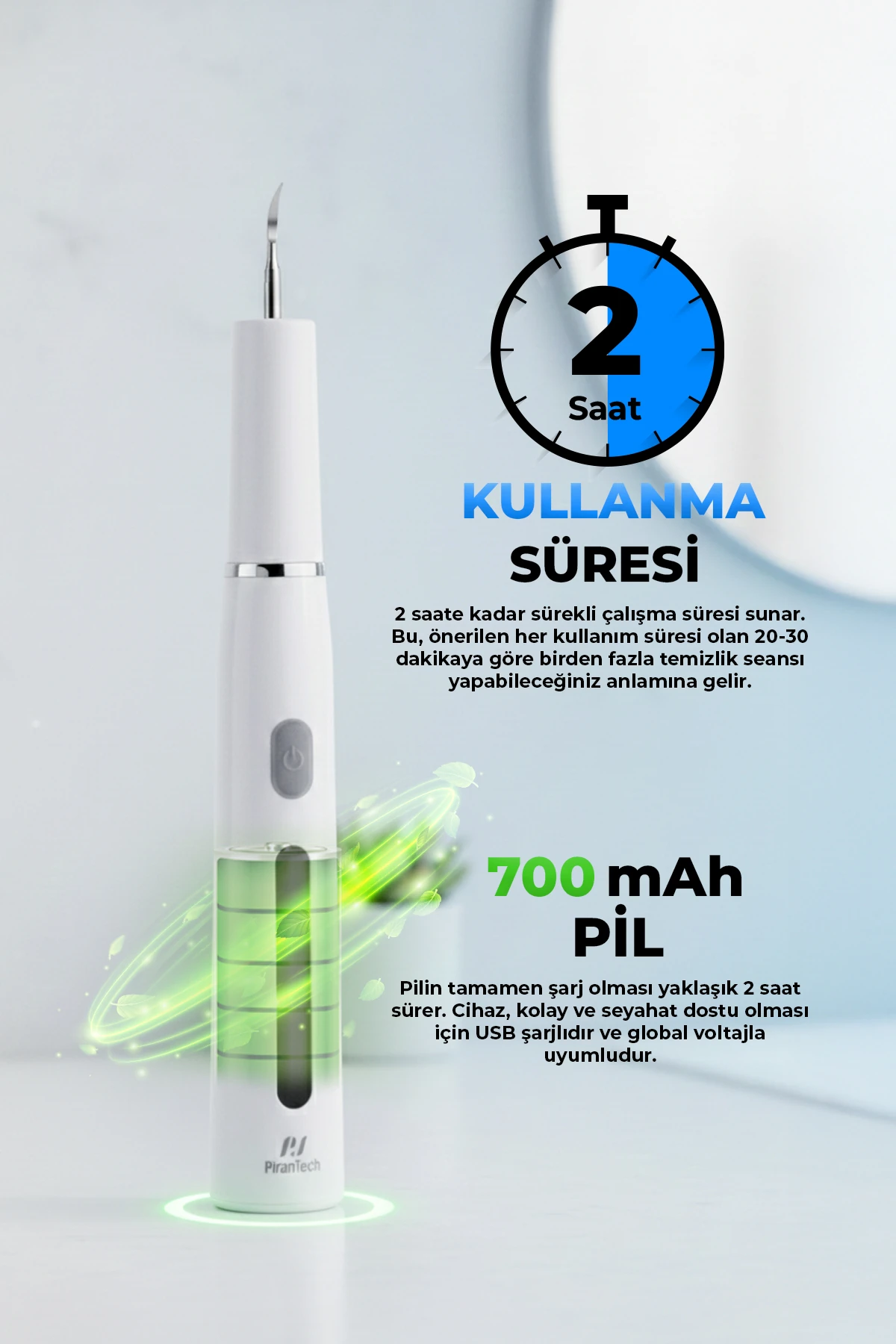Pirantech C12M Profesyonel Diş Temizleyici | 3 Modlu, 2 Başlıklı, USB Şarjlı, IPX7 Su Geçirmez