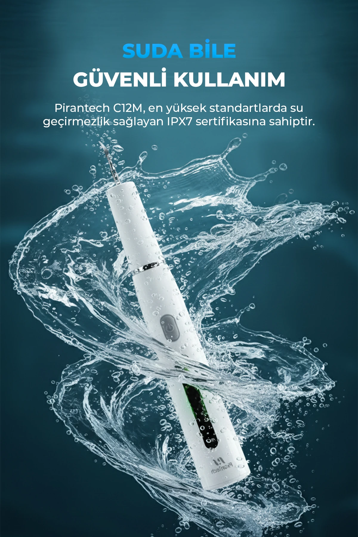 Pirantech C12M Profesyonel Diş Temizleyici | 3 Modlu, 2 Başlıklı, USB Şarjlı, IPX7 Su Geçirmez