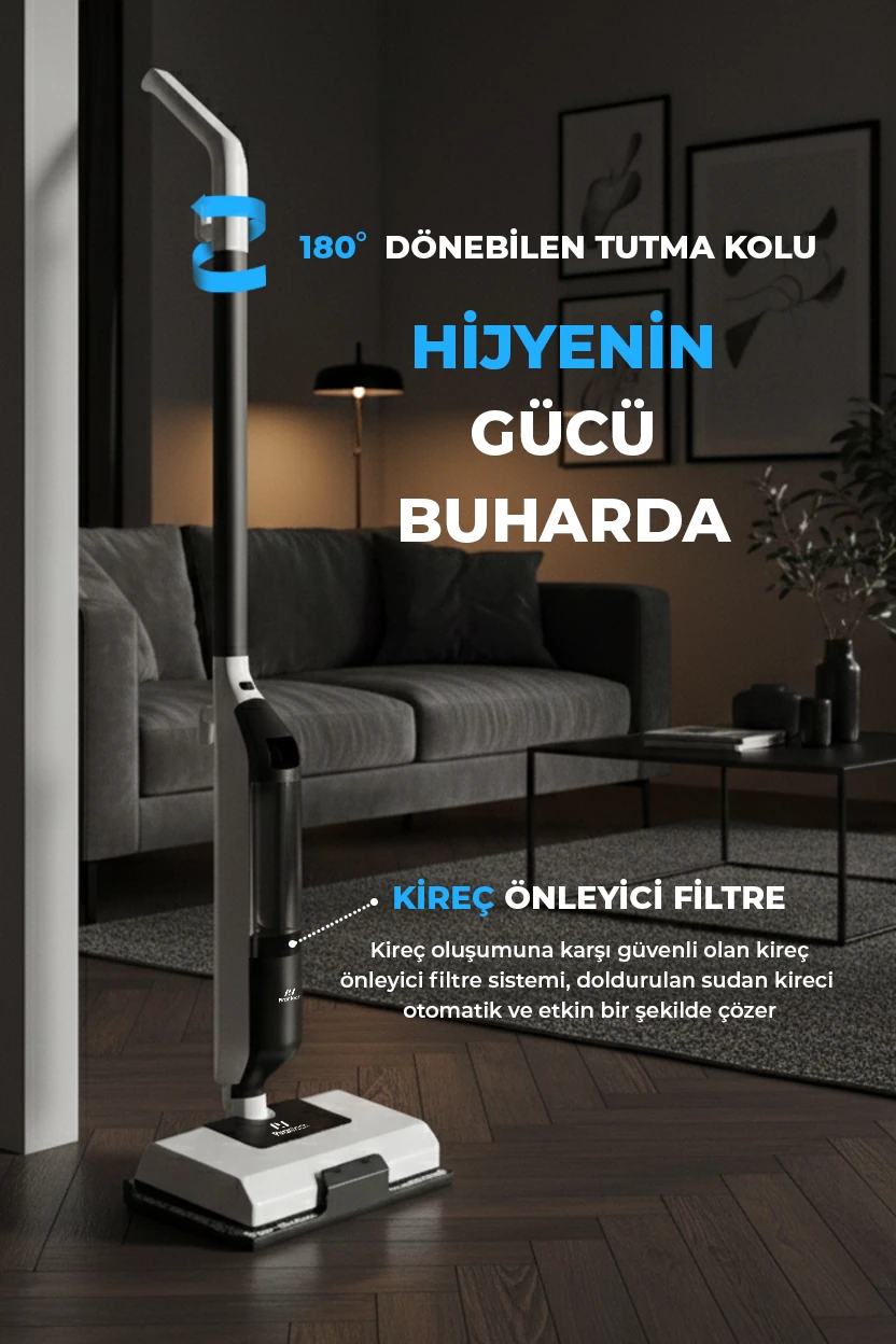 PiranTech CB702 Buharlı Mop | 1250W Güç | 180° Dönebilen Başlık | Halı ve Sert Zemin Temizleyici