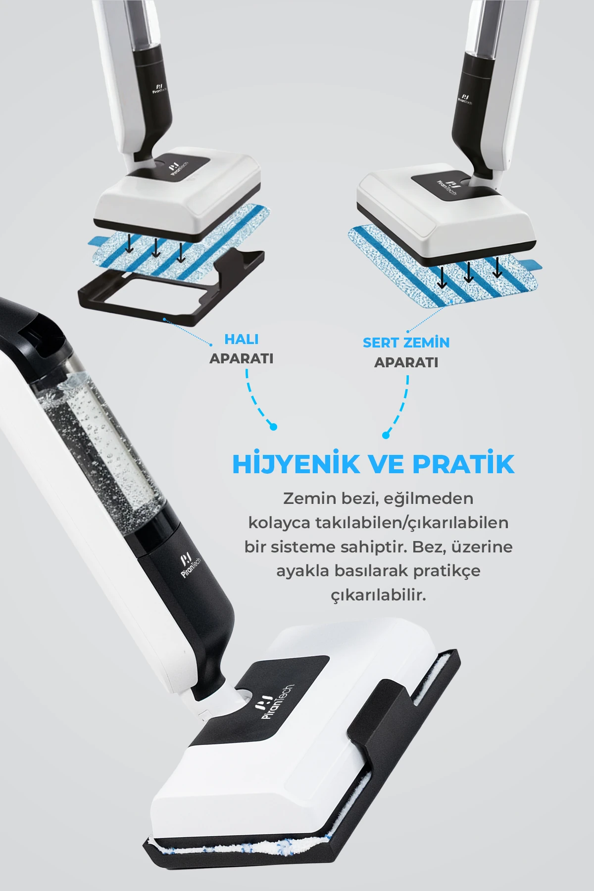PiranTech CB702 Buharlı Mop | 1250W Güç | 180° Dönebilen Başlık | Halı ve Sert Zemin Temizleyici