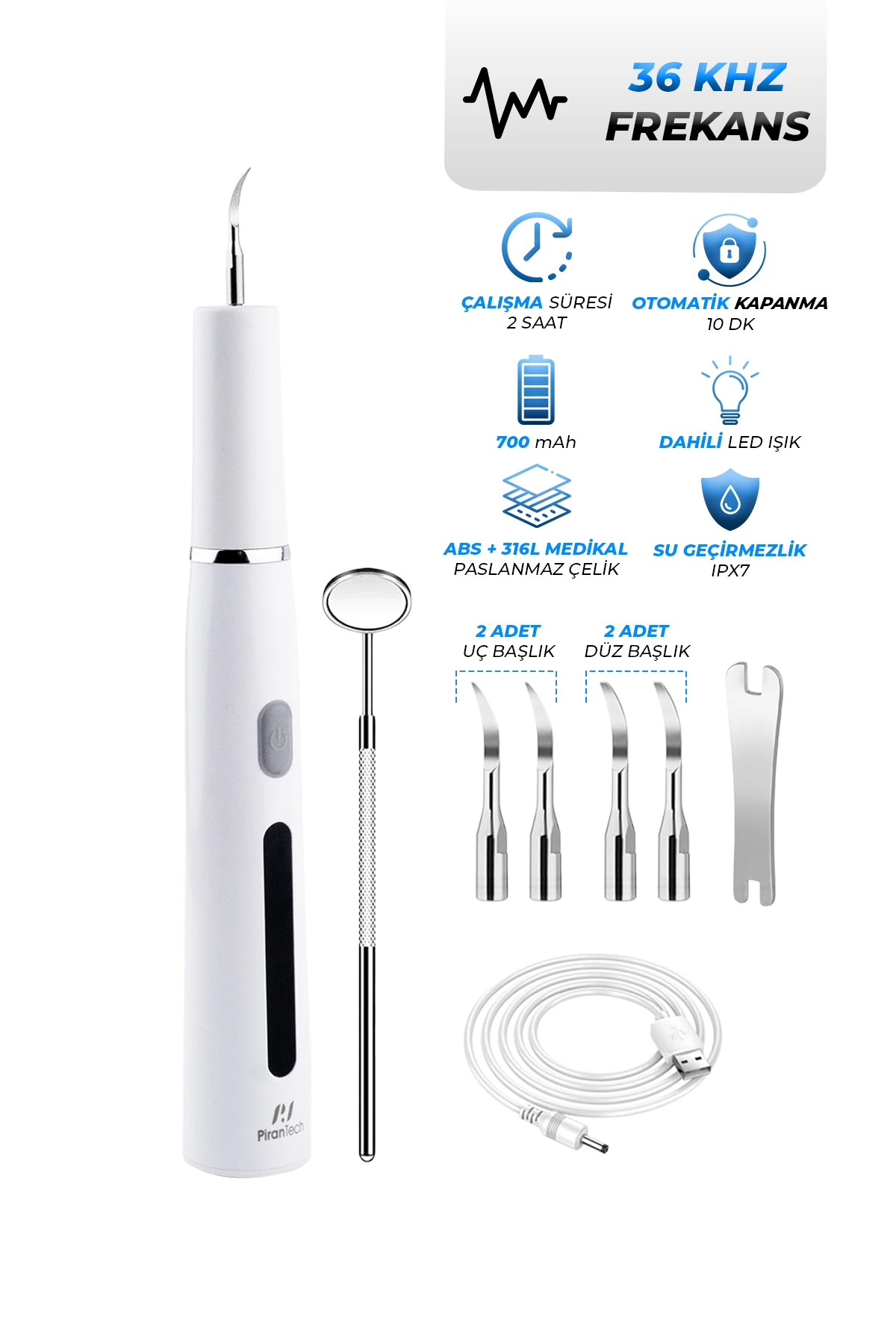 Pirantech C12M Profesyonel Diş Temizleyici | 3 Modlu, 2 Başlıklı, USB Şarjlı, IPX7 Su Geçirmez