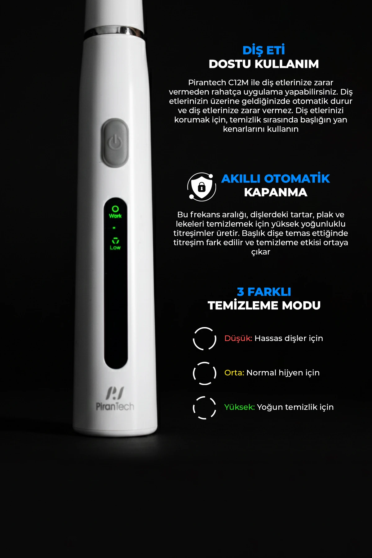 Pirantech C12M Profesyonel Diş Temizleyici | 3 Modlu, 2 Başlıklı, USB Şarjlı, IPX7 Su Geçirmez
