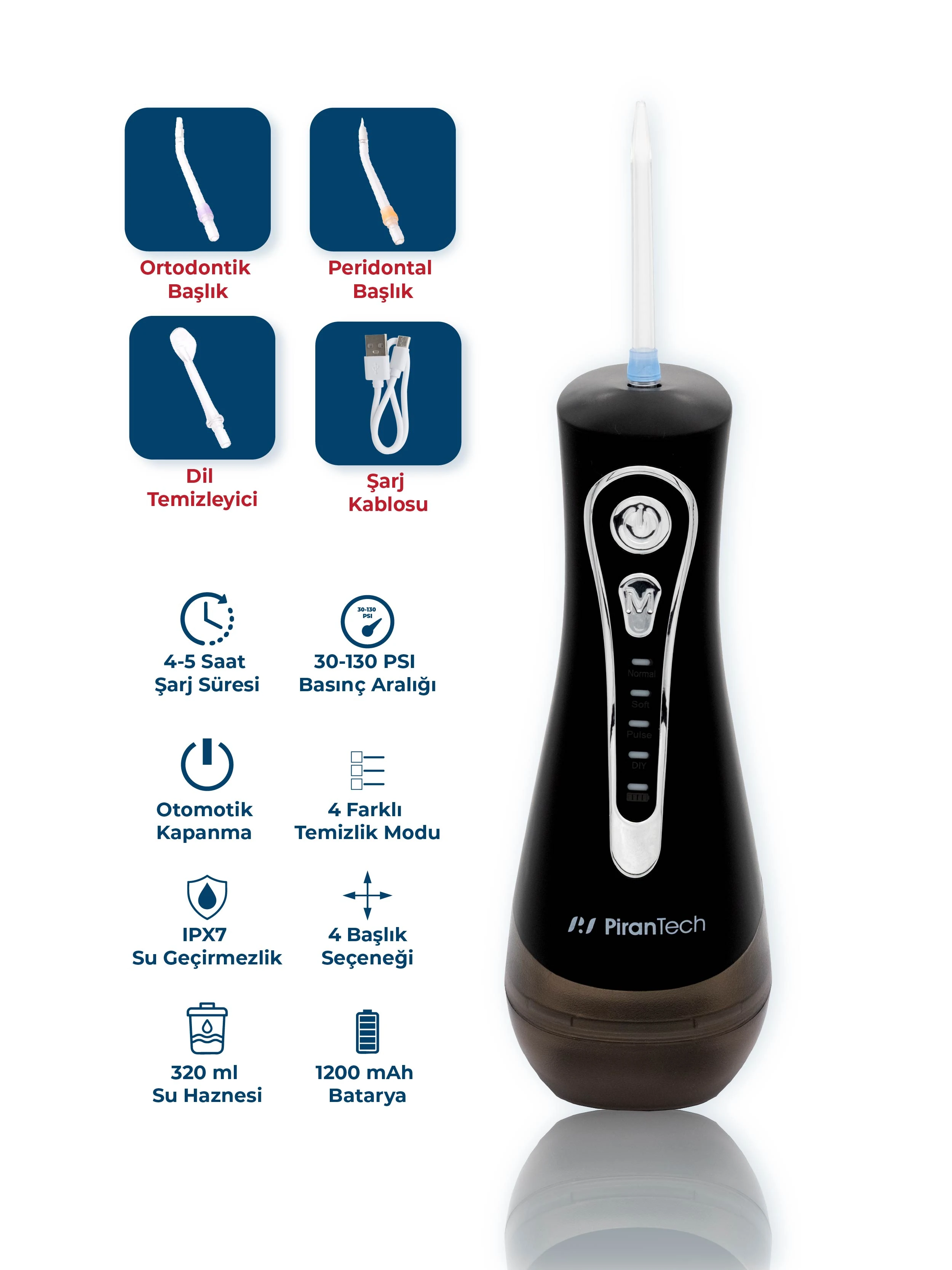 AquaDent Ultra Ağız Duşu - Şarjlı Taşınabilir, 4 Farklı Mod, IPX7 Su Geçirmez