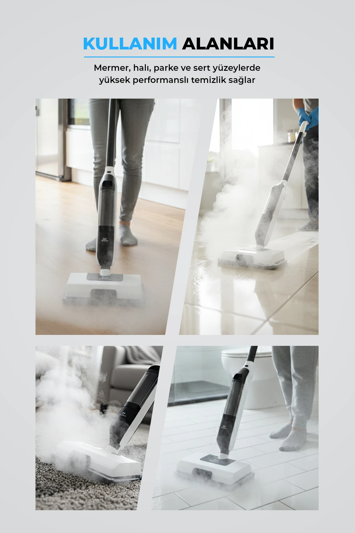 PiranTech CB702 Buharlı Mop | 1250W Güç | 180° Dönebilen Başlık | Halı ve Sert Zemin Temizleyici