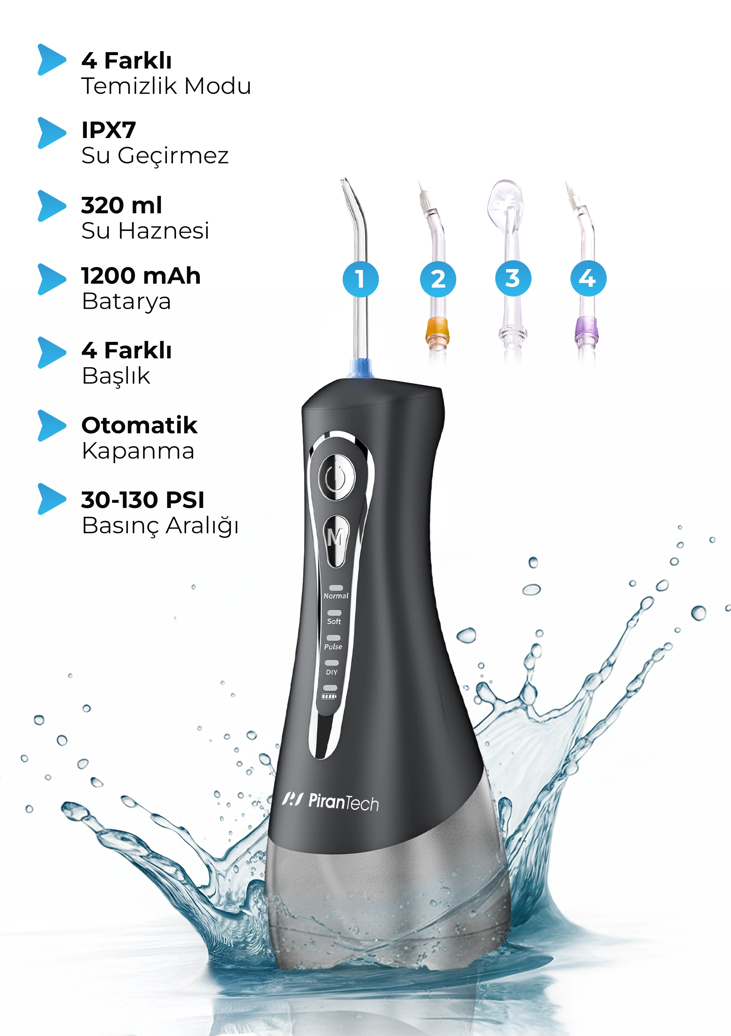 AquaDent Ultra Ağız Duşu - Şarjlı Taşınabilir, 4 Farklı Mod, IPX7 Su Geçirmez