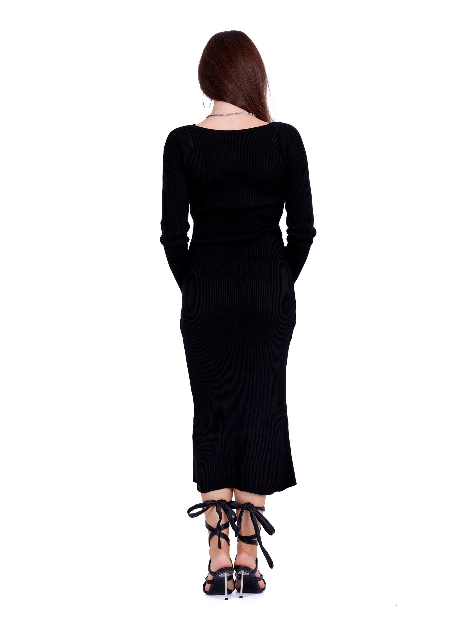 Knitted Long Dress with buttons Black