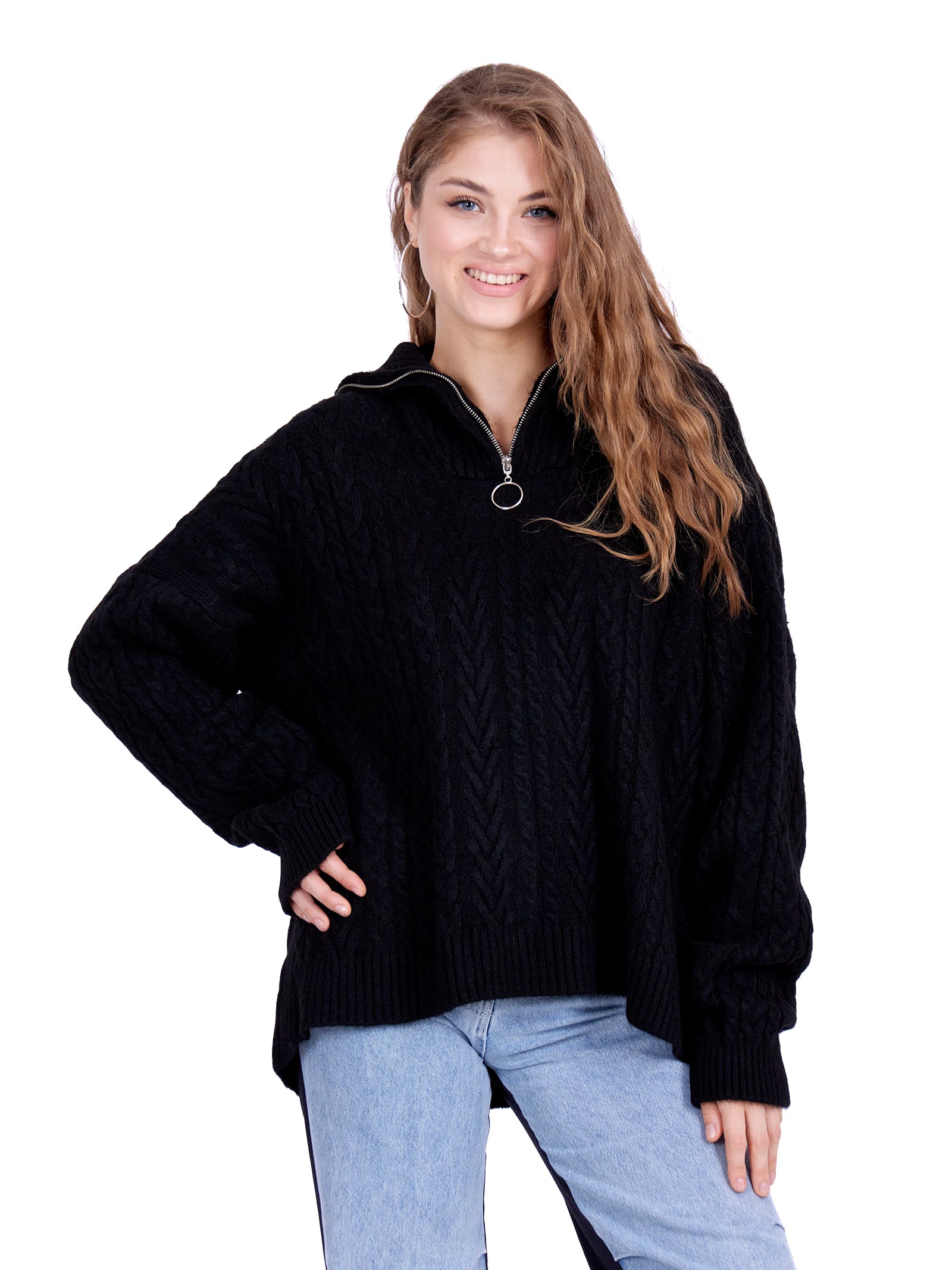 Open collar Knitwear Black Oversize Sweater with ziplock 