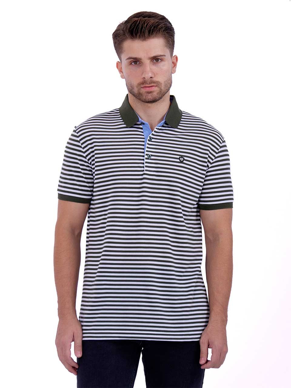 Green Striped White t-shirt with polo collar 