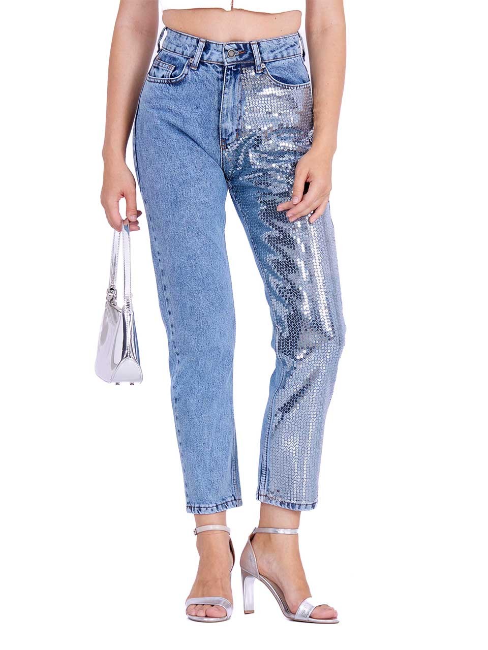 Jeans with silver sequins on one leg Light Blue