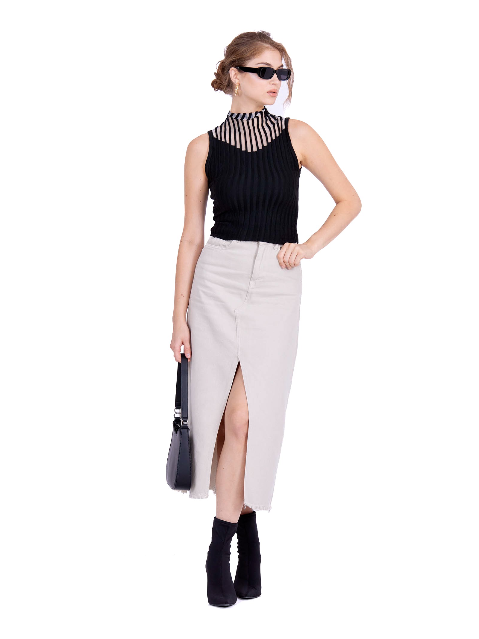 Sleeveless knitted crop top with transparent details on collar Black