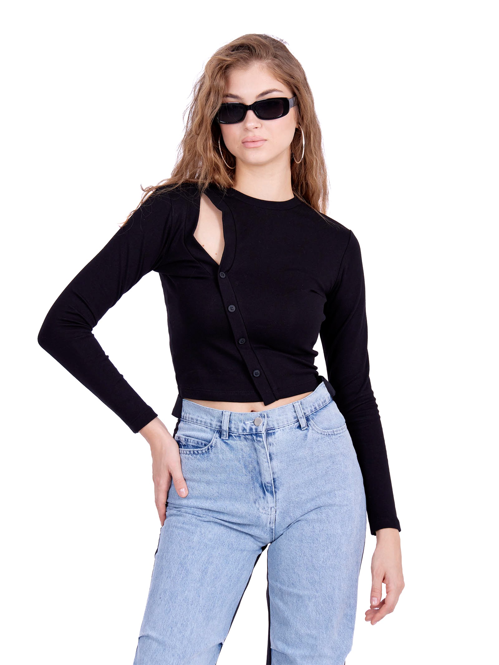 Crop Top Long sleeve with cutout and buttons Black