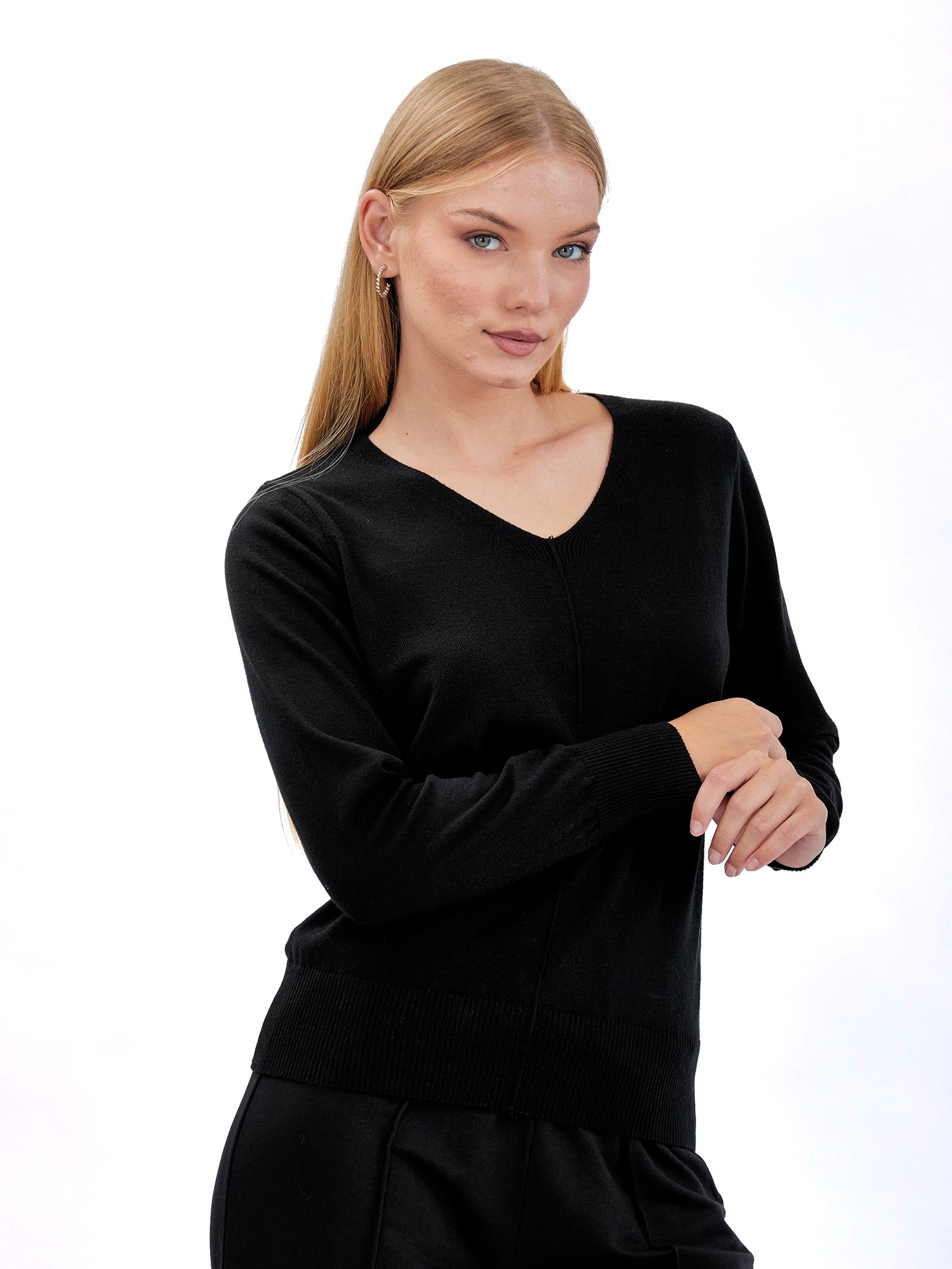 V-Neck Front  Stitched Sweater Black