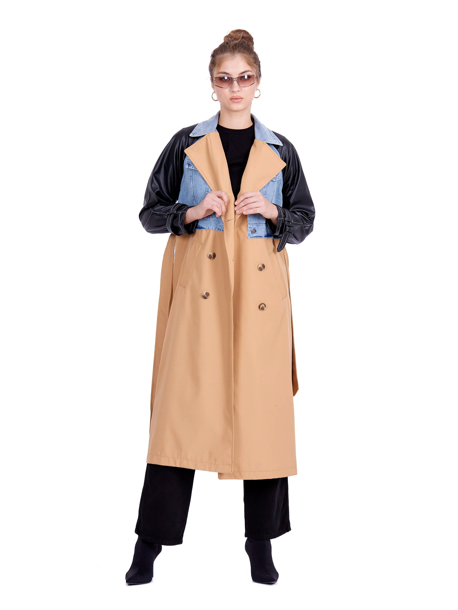 Triple textured Trench coat Leather and Denim
