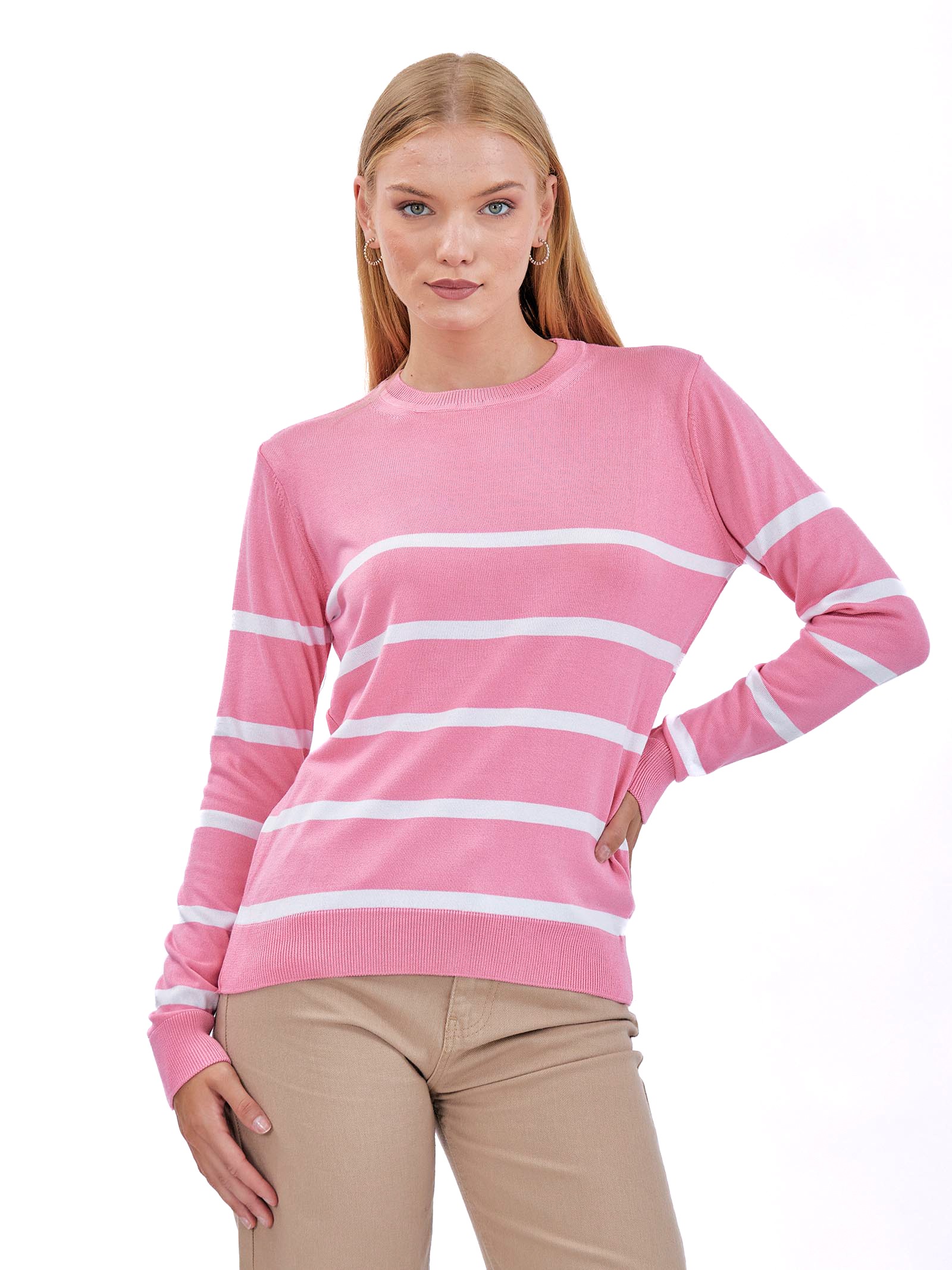 Striped Crew Neck Sweater Pink