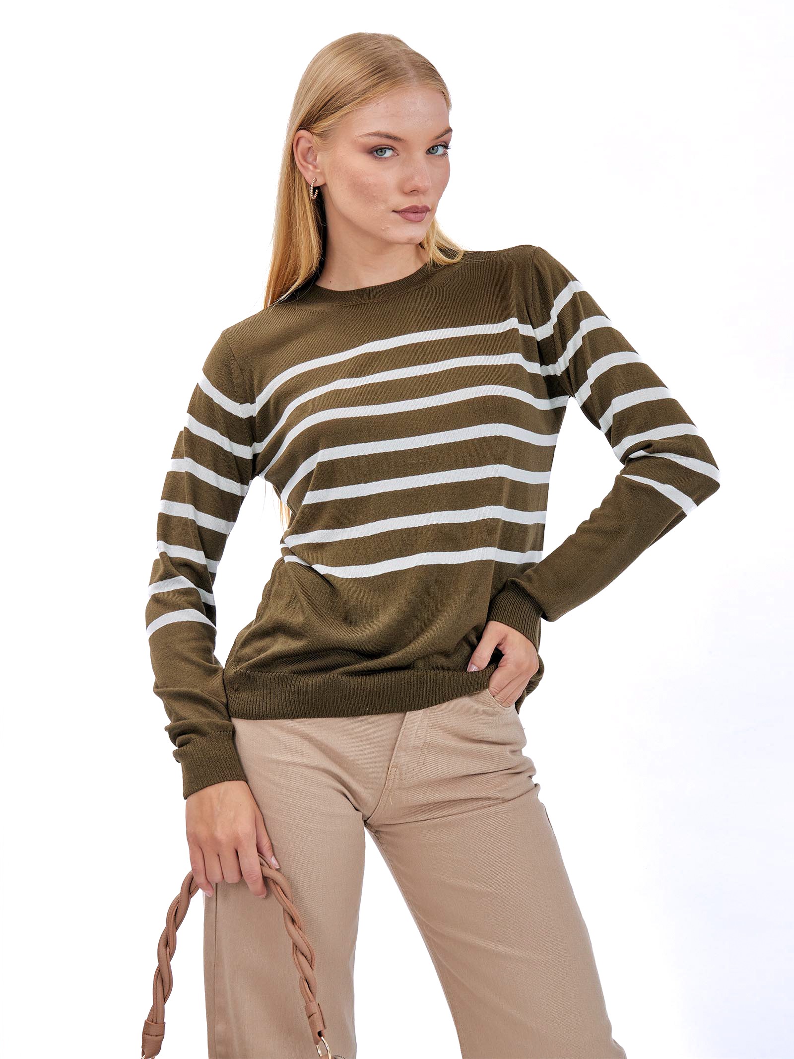 Crew Neck horizontal Striped Sweater Brown