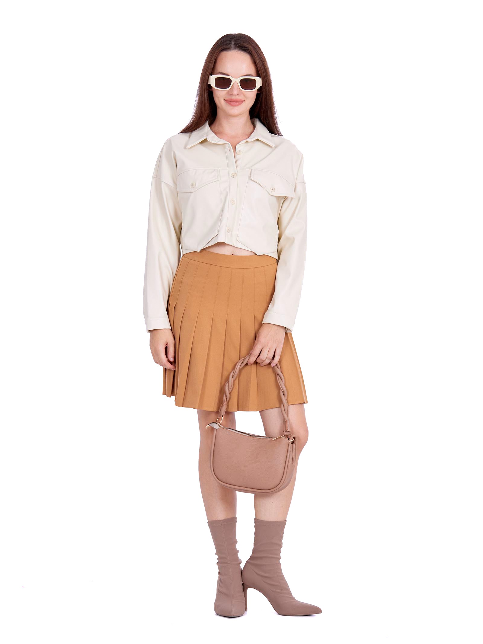 Faux leather crop Shirt with front pockets stone