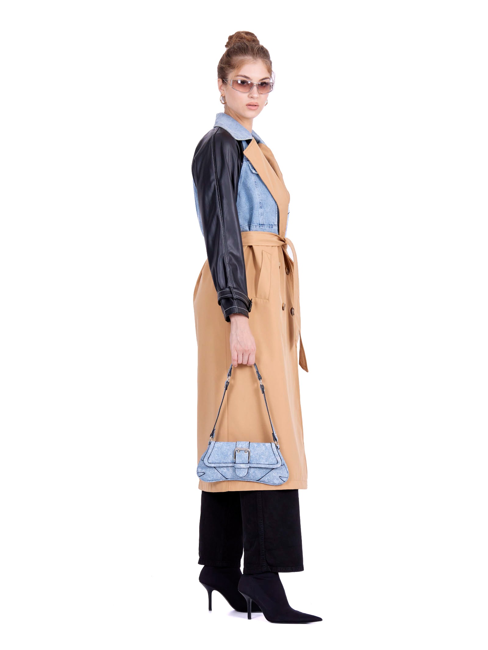 Triple textured Trench coat Leather and Denim