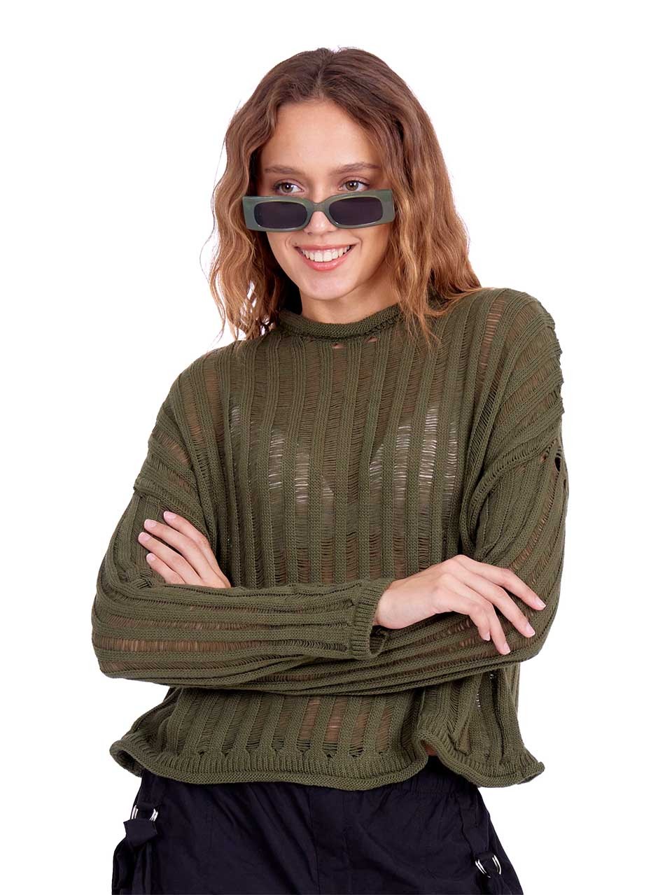 Sweater with imitation torn texture Khaki 