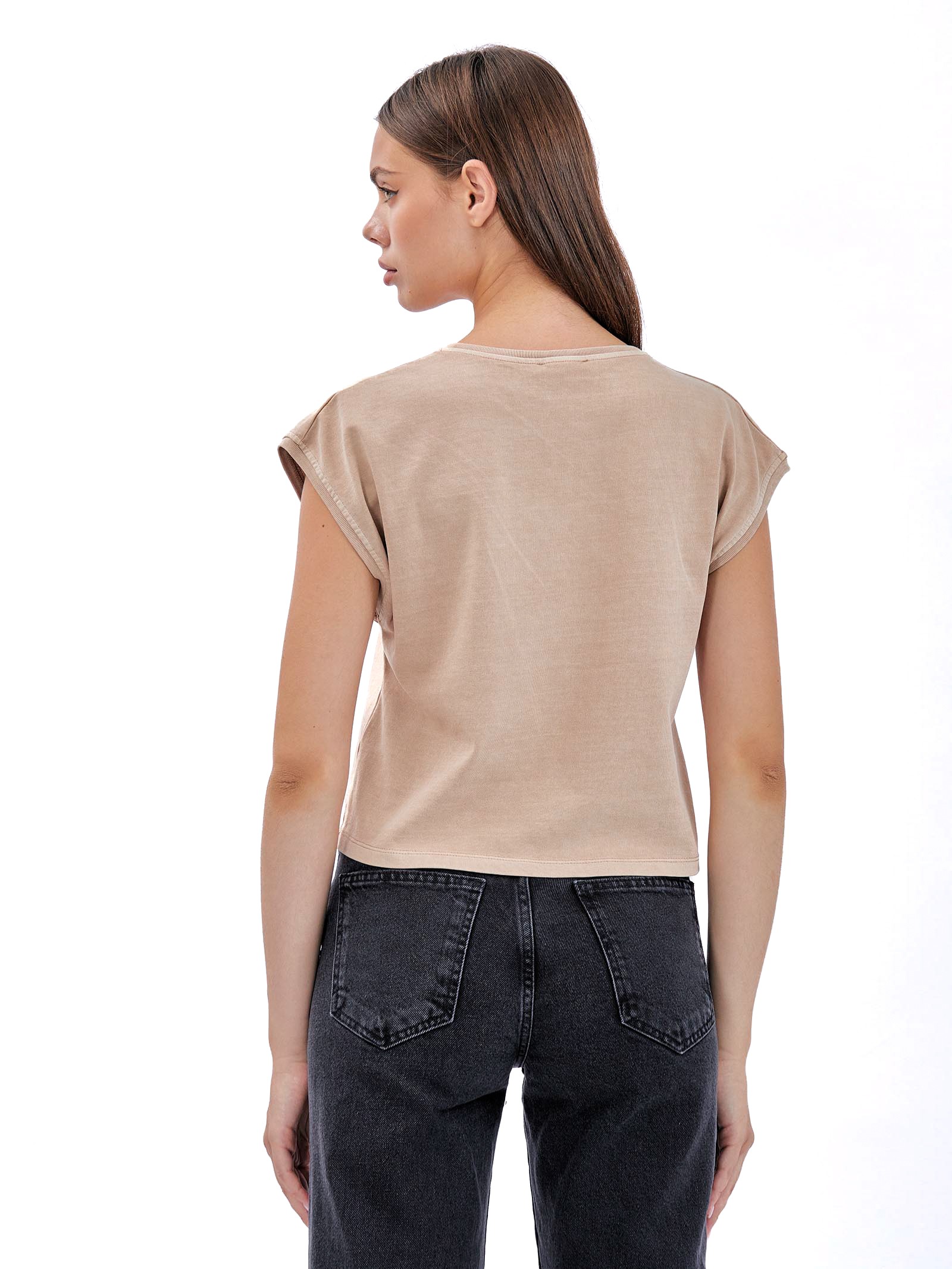 Sleeveless Faded Effect T-Shirt Beige