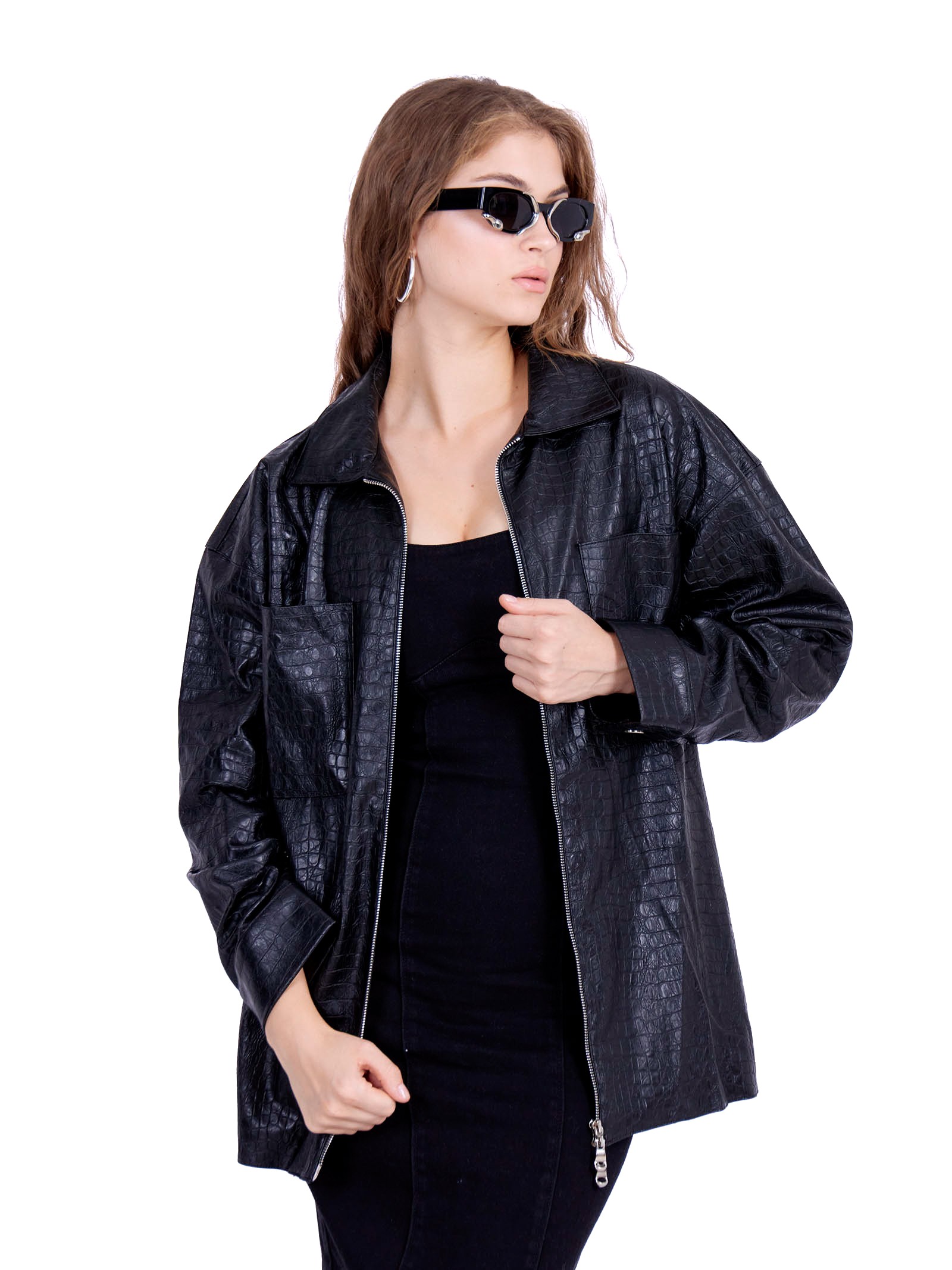 Textured Leather Jacket with ziplock Black