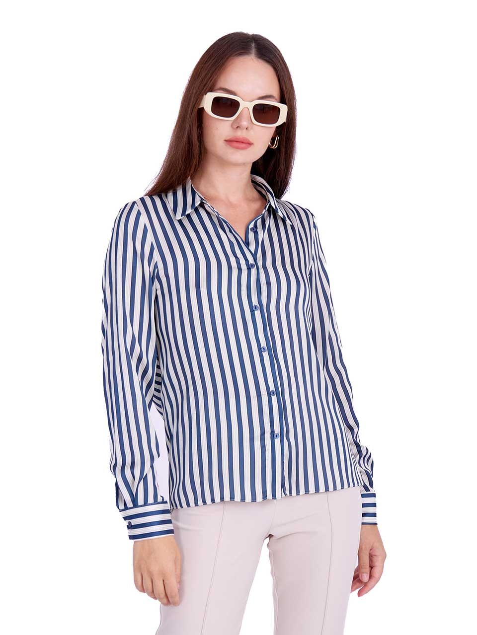 Satin striped Shirt with opened back Navy Blue