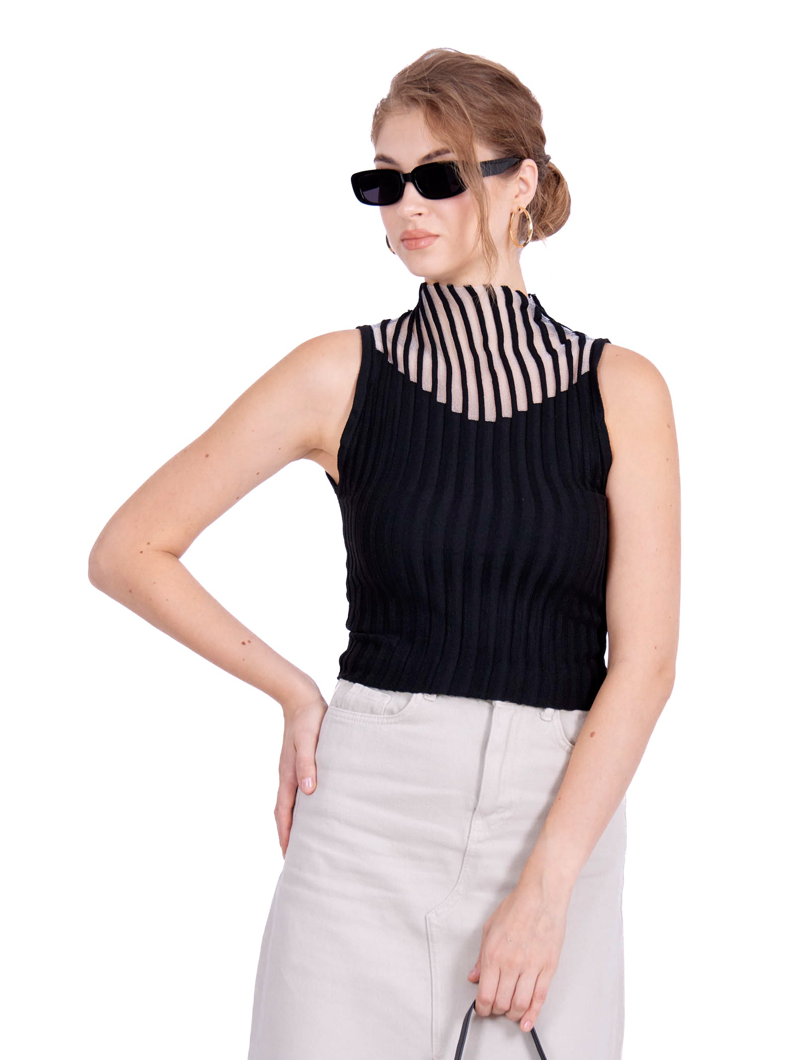 Sleeveless knitted crop top with transparent details on collar Black
