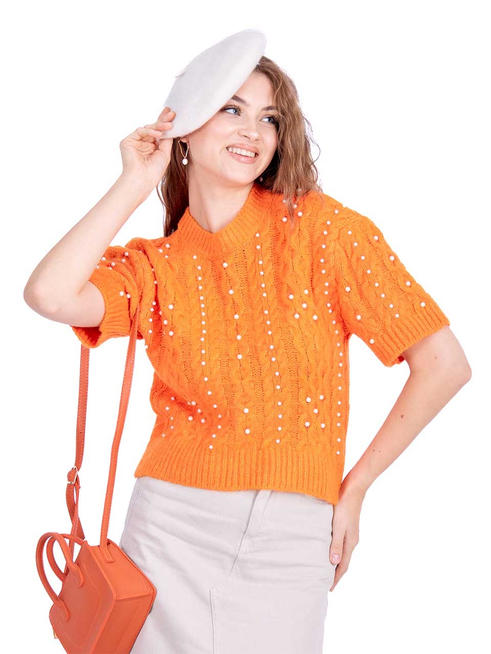 Pearl decorated Sweater Orange