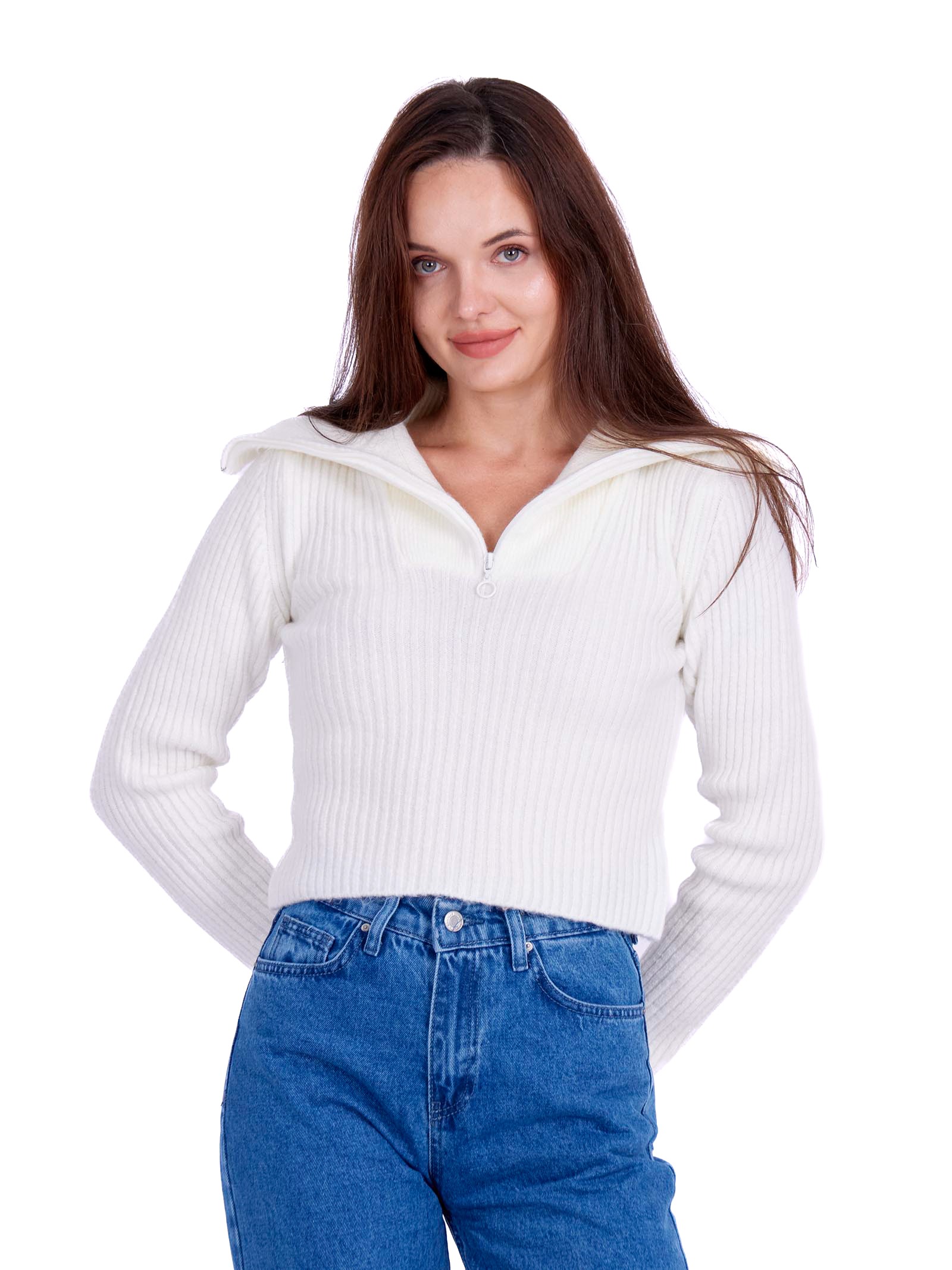 Crop Open collar Knitwear Sweater with ziplock Ecru