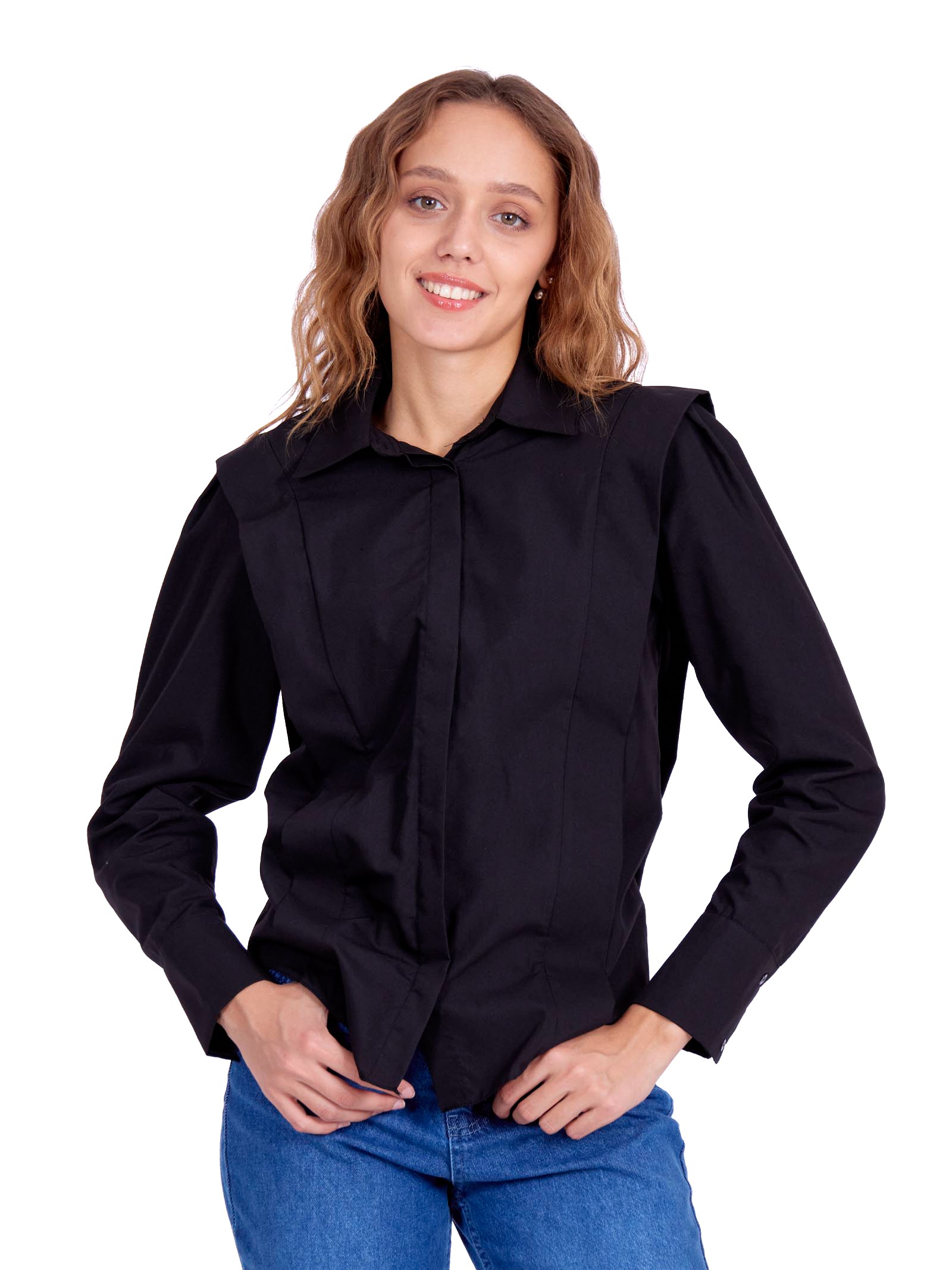Cotton Shirt decorated front and shoulders lines Black