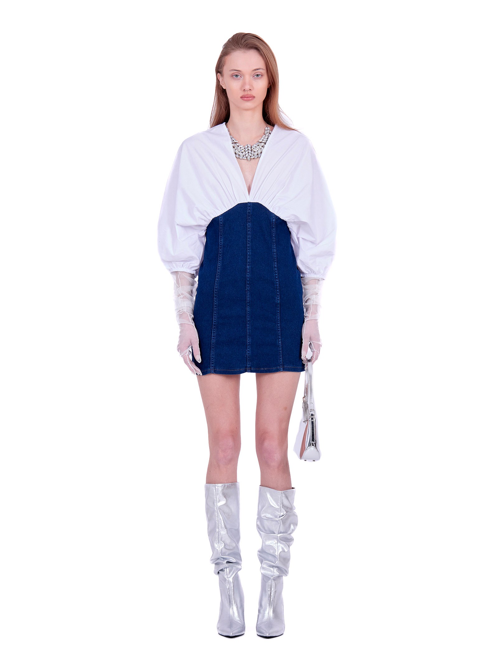 Two textured Dress cotton and denim White Blue