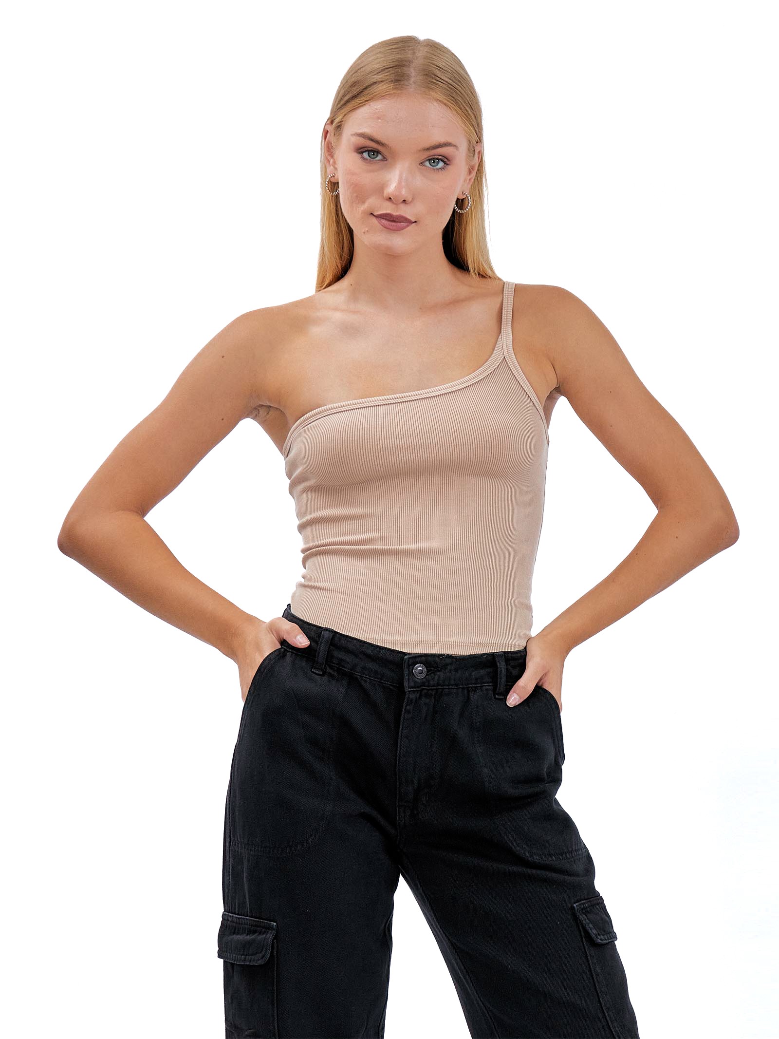 Washed textured Asymmetric Top Beige