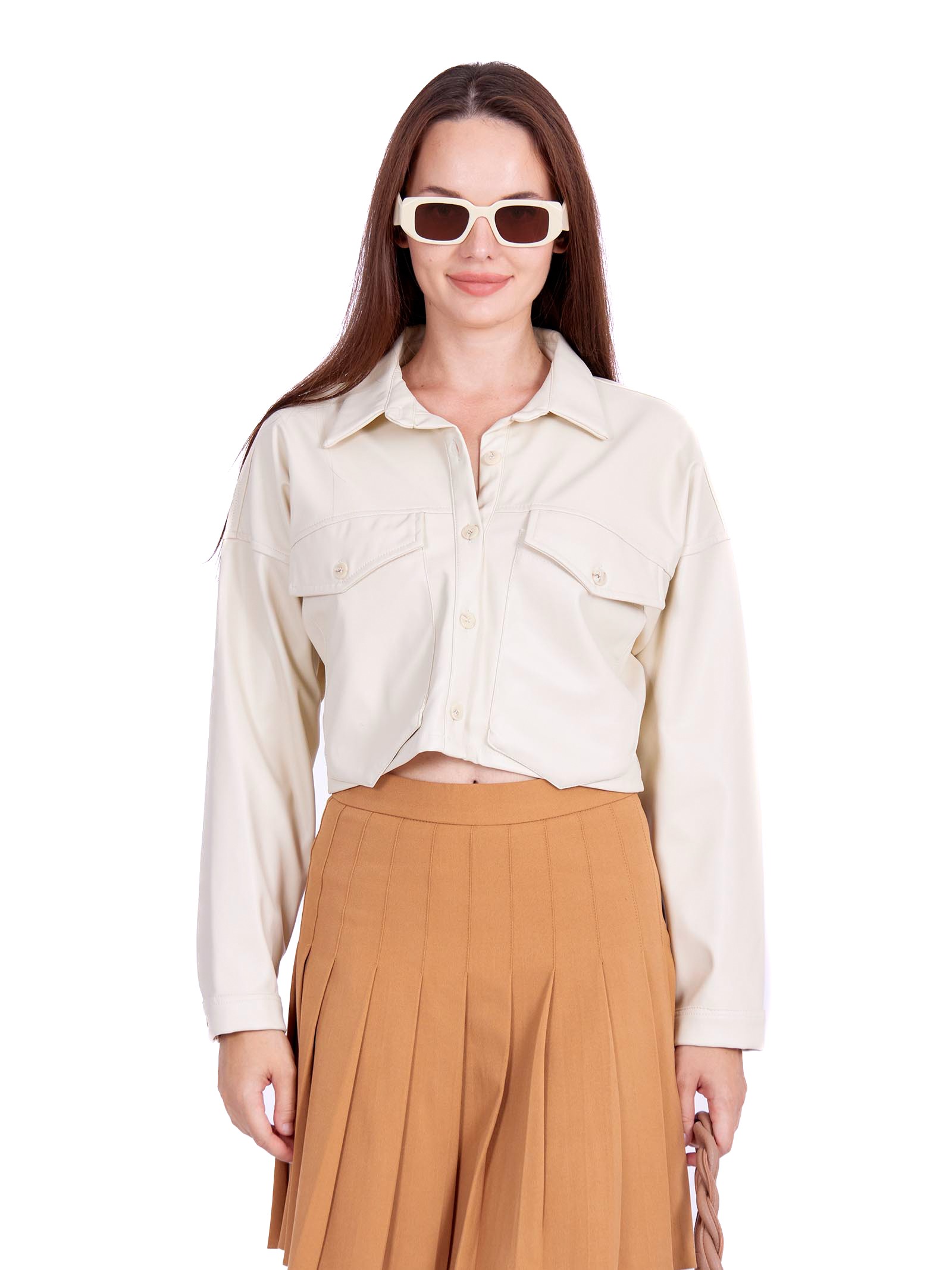 Faux leather crop Shirt with front pockets stone