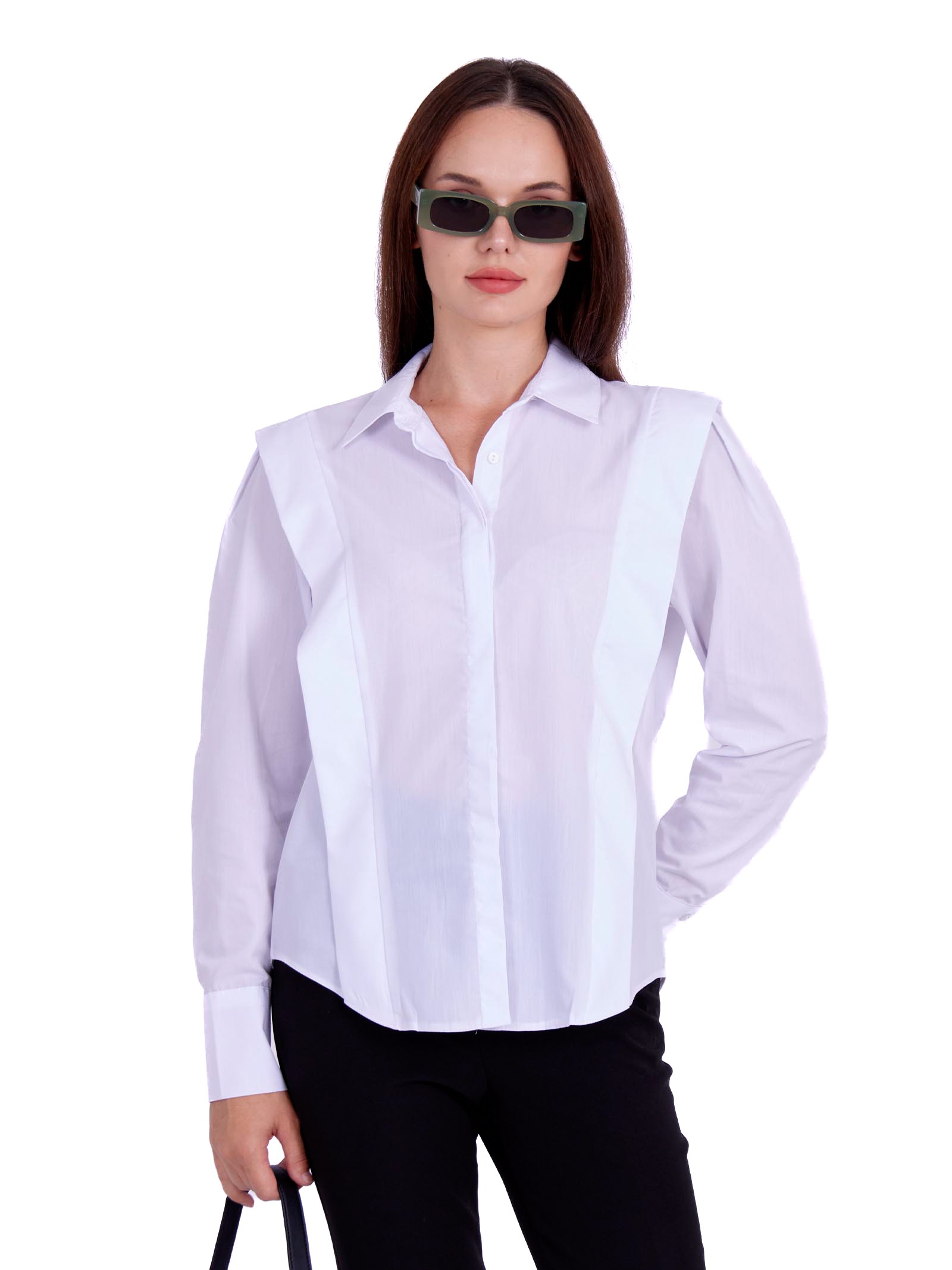 Cotton Shirt decorated front and shoulders lines White
