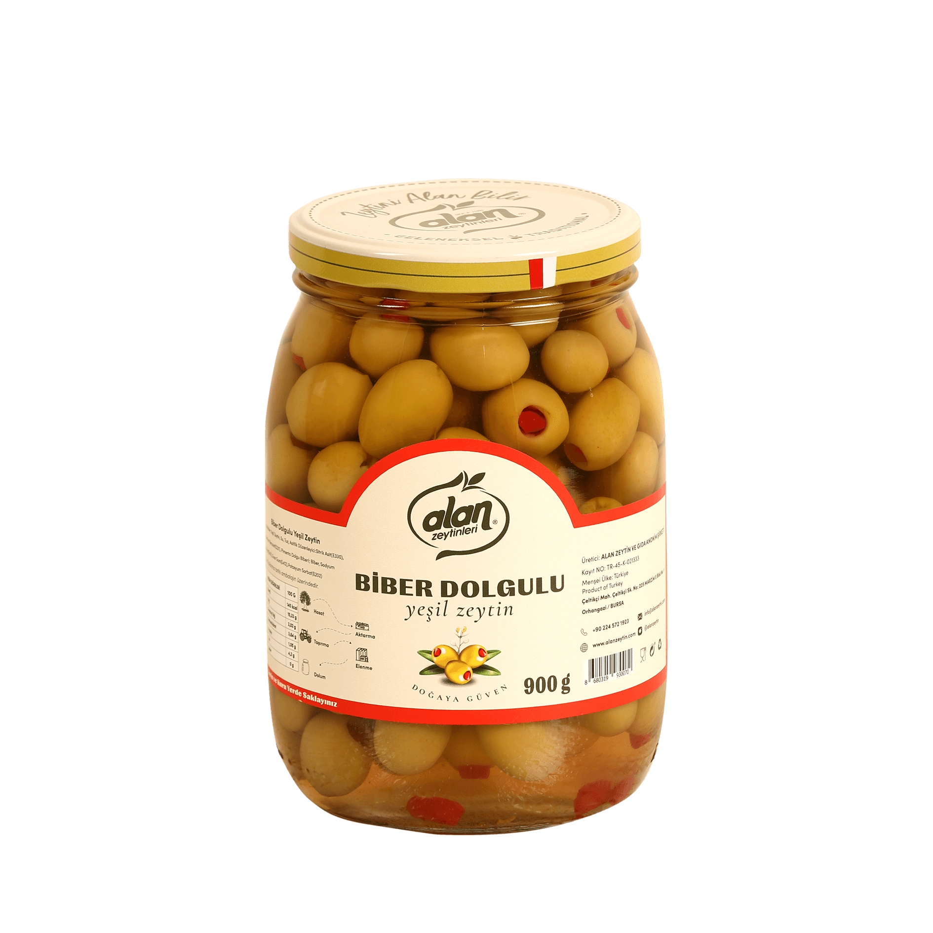 Biber Dolgulu Yeşil Zeytin 141-160 Cam Kavanoz 900 Gr