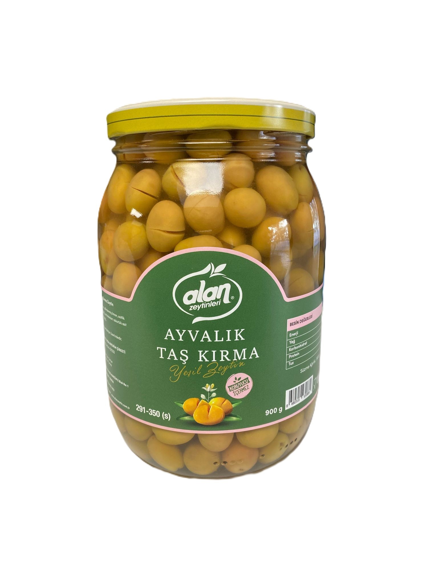 Ayvalık Taş Kırma Yeşil Zeytin 291-350 S Cam Kavanoz 900 Gr